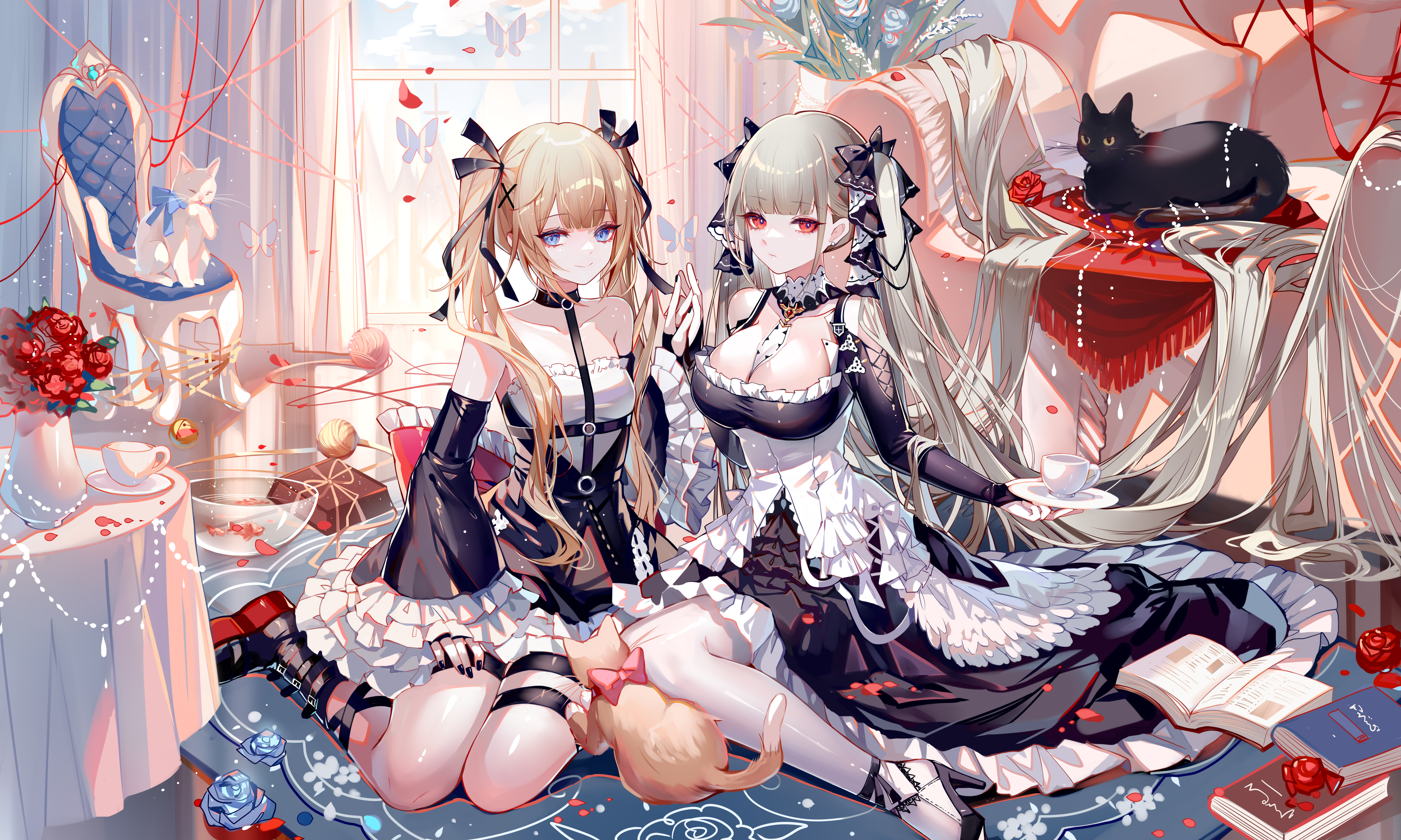 Anime 6000x3600 anime anime girls Formidable (Azur Lane) Azur Lane maid Black Cat (Marvel) maid outfit two women indoors looking at viewer cleavage twintails long hair animals ribbon