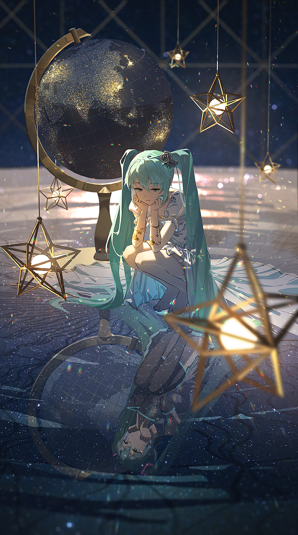 Anime 957x1716 Agas portrait display anime girls Vocaloid Hatsune Miku squatting reflection long hair green hair ripples looking below globes stars detached sleeves aqua eyes depth of field smiling barefoot hair ornament twintails white dress arm support thigh-highs particle sparkles legs together