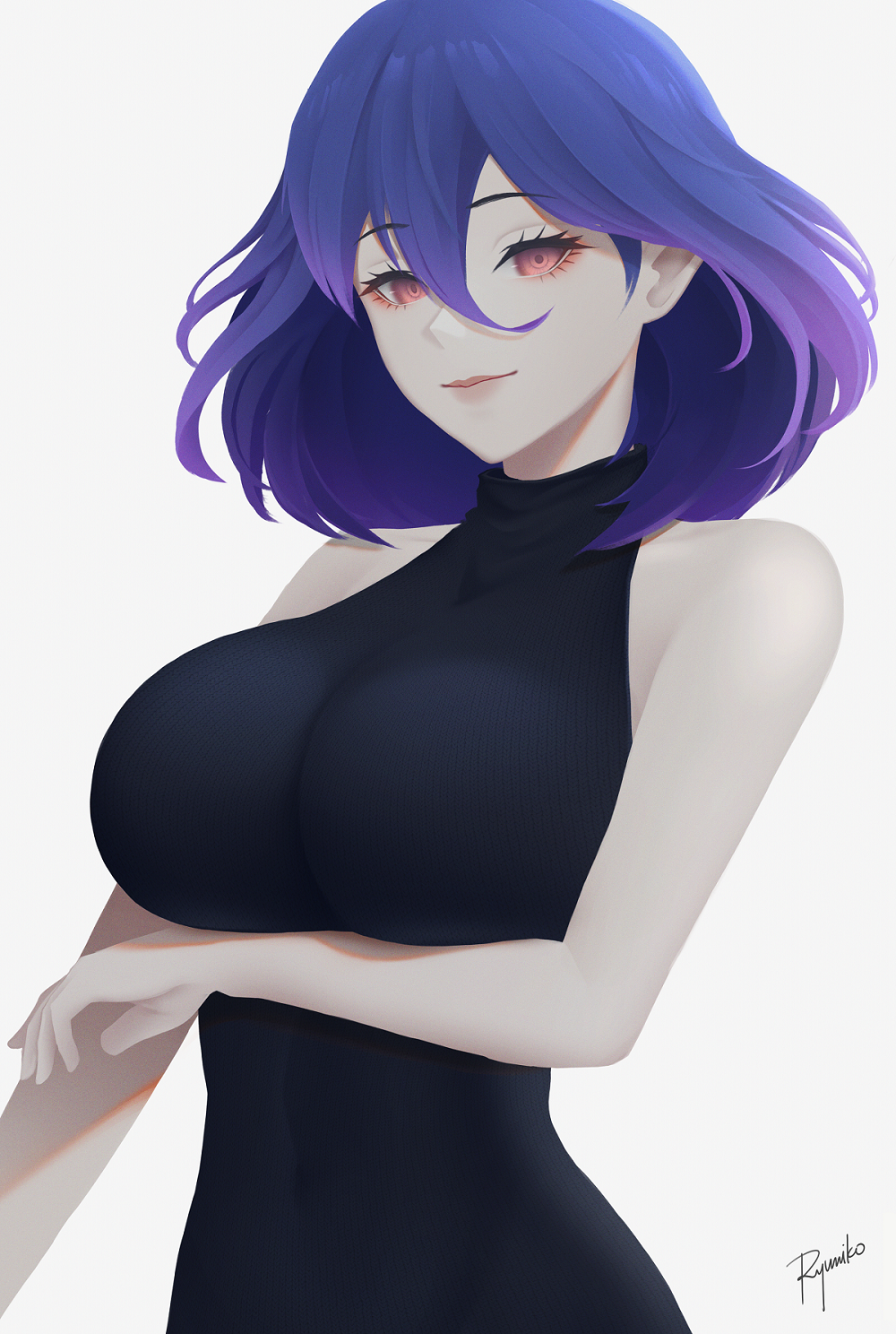 Anime 1000x1488 ryumiko white background minimalism Kinsou no Vermeil Vermeil purple hair red eyes huge breasts anime girls looking at viewer simple background