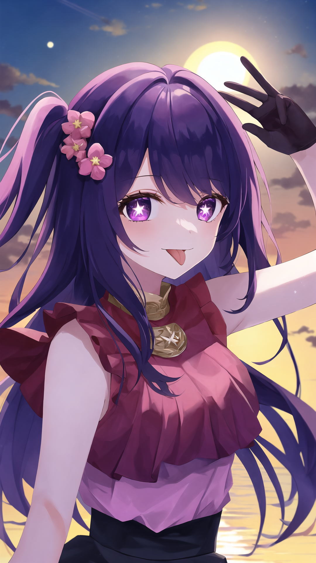 Anime 1080x1920 Oshi no Ko anime girls AI art portrait display star eyes gloves tongue out long hair looking at viewer flower in hair clouds Hoshino Ai