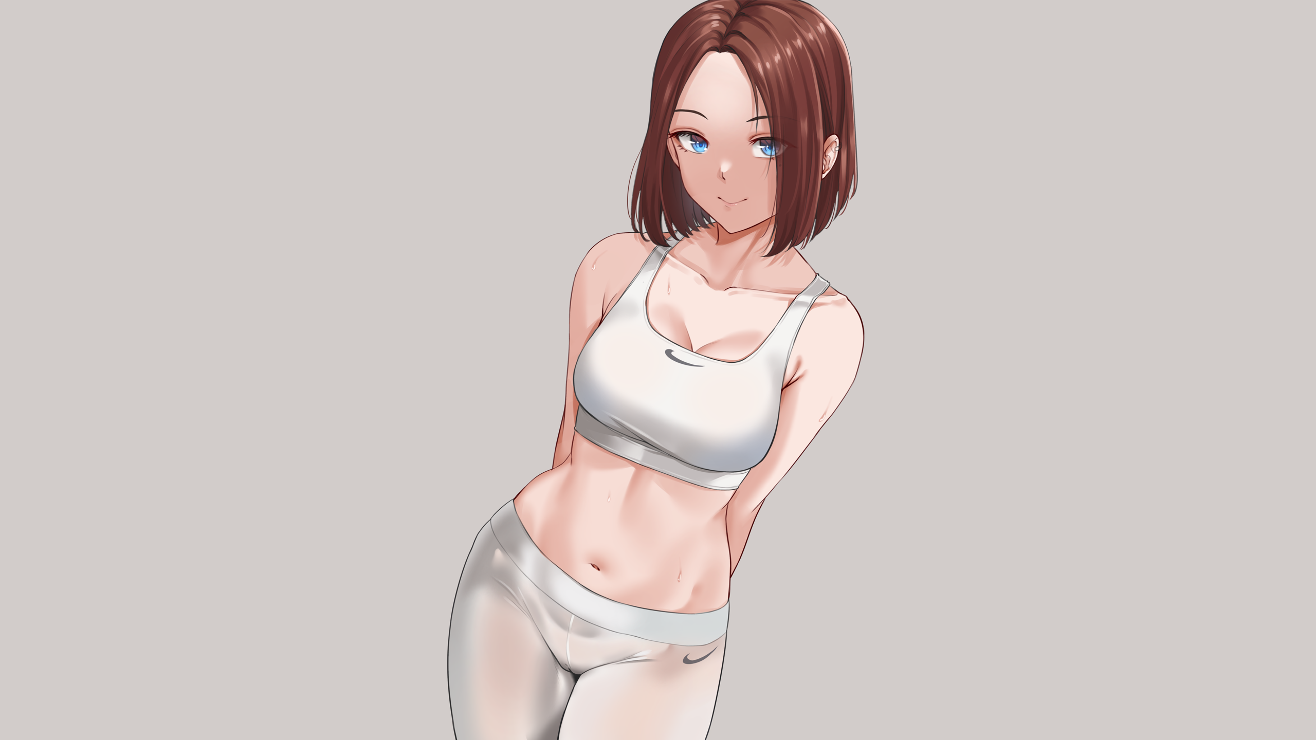 Anime 2560x1440 anime anime girls Sam (Samsung virtual assistant) short hair simple background sports bra yoga pants belly belly button sportswear thighs sweaty body tight clothing Ryudraw gray background cleavage smiling looking at viewer