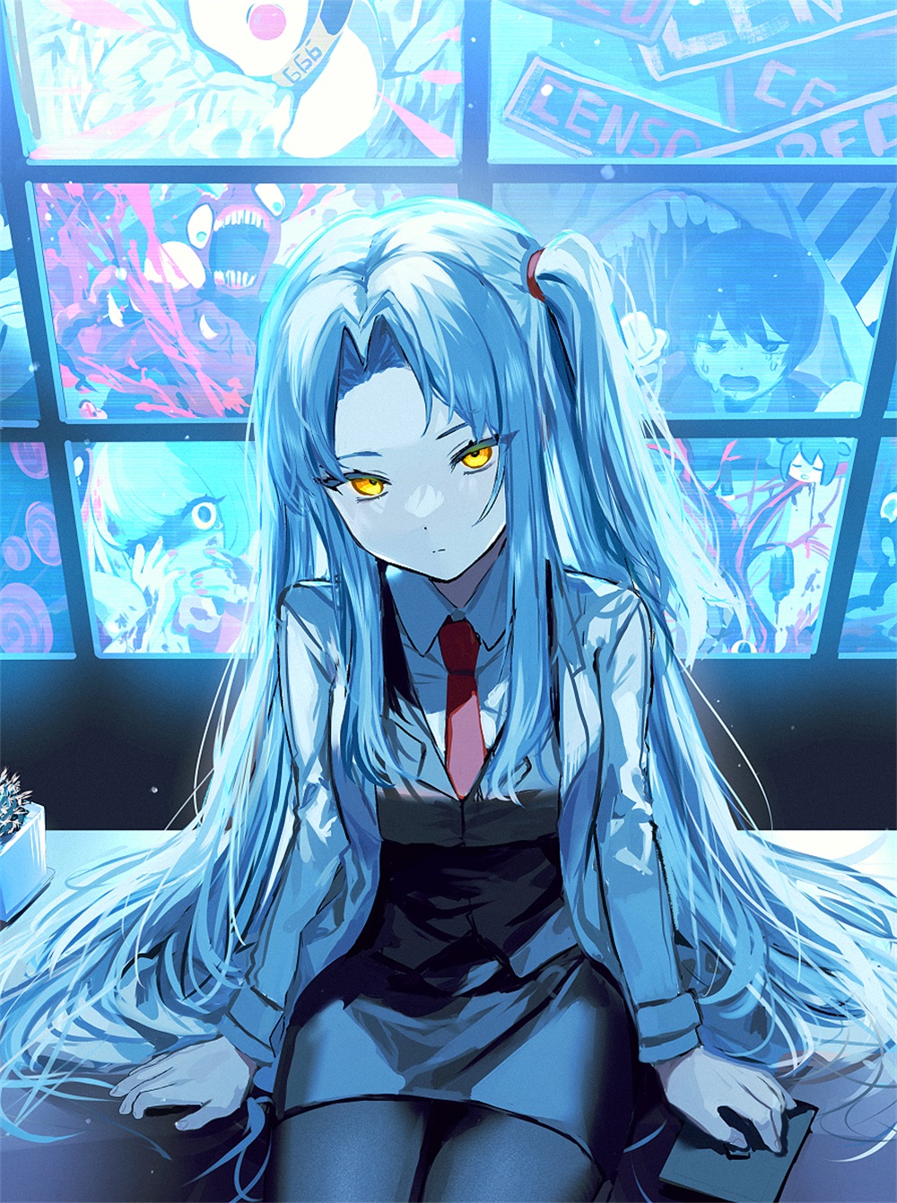 Anime 1000x1342 ProjectMoon Lobotomy Corporation anime girls long hair looking at viewer blue hair yellow eyes portrait display sitting