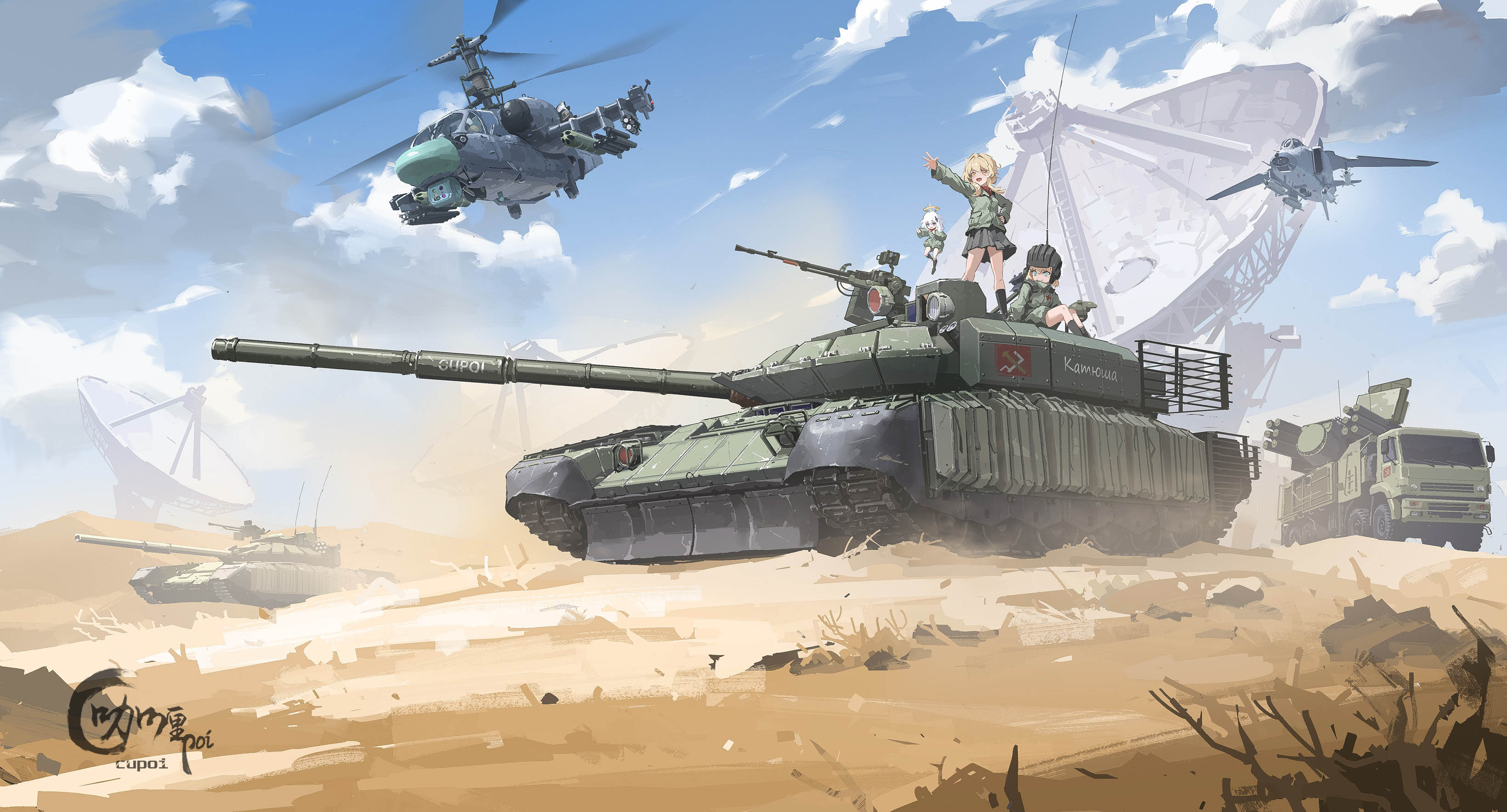 Anime 3280x1768 Girls und Panzer artwork War Thunder anime girls anime tank Kamov Ka-52 missiles Su-24 radio telescope desert clouds T-90 Kamaz Air Defence System helicopters sky military vehicle
