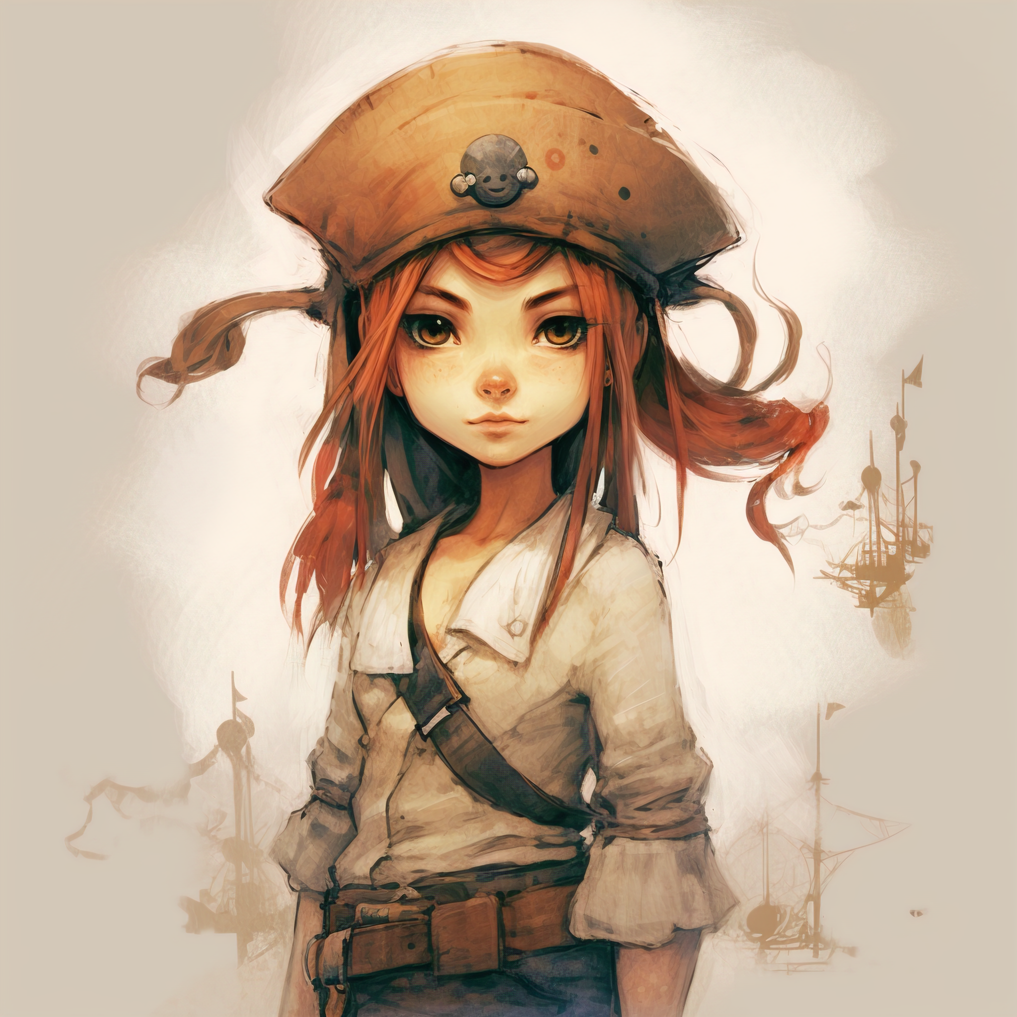 General 2048x2048 pirate girl AI art redhead looking at viewer hat children