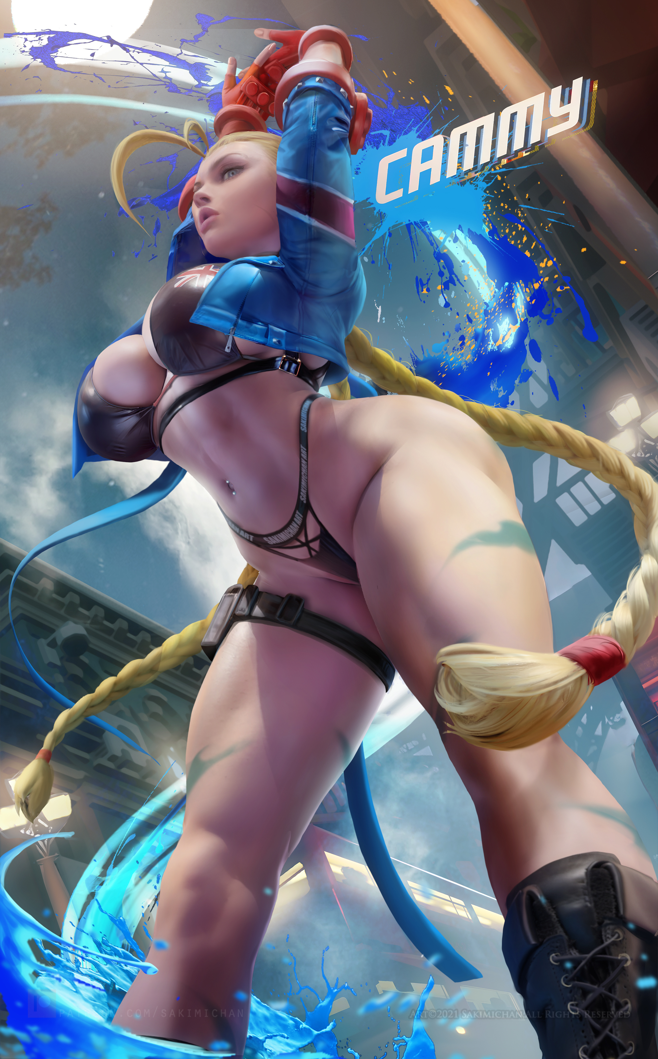 General 2175x3500 Cammy White Street Fighter video games video game characters video game girls fighting games blonde twintails braids low-angle Jack (Mass Effect) underwear 2D artwork drawing fan art Sakimichan portrait display gloves fingerless gloves big boobs looking at viewer long hair digital art watermarked arms up worm's eye view