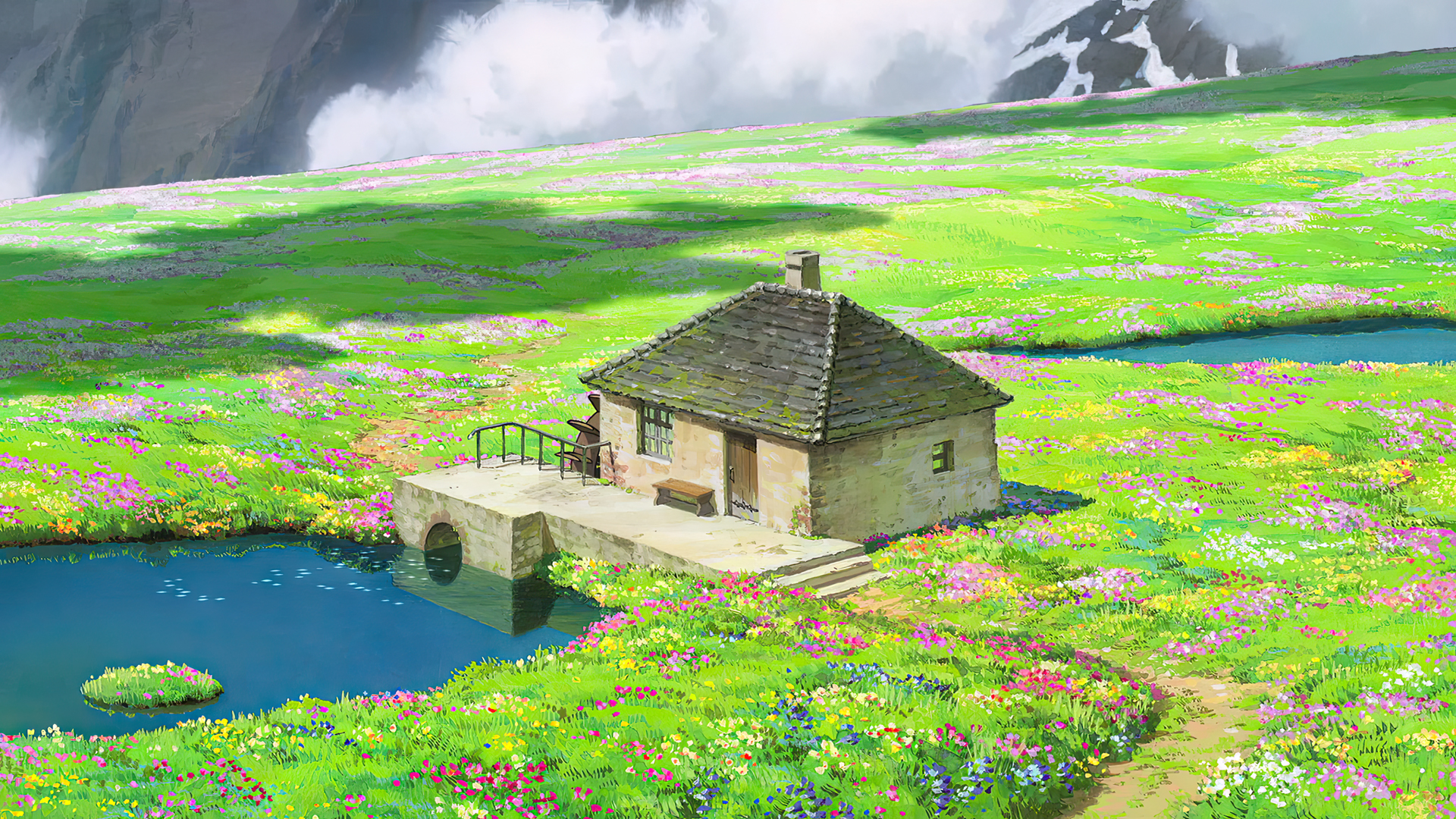Anime 1920x1080 animated movies anime animation Studio Ghibli Hayao Miyazaki house field flowers mountains water clouds path grass