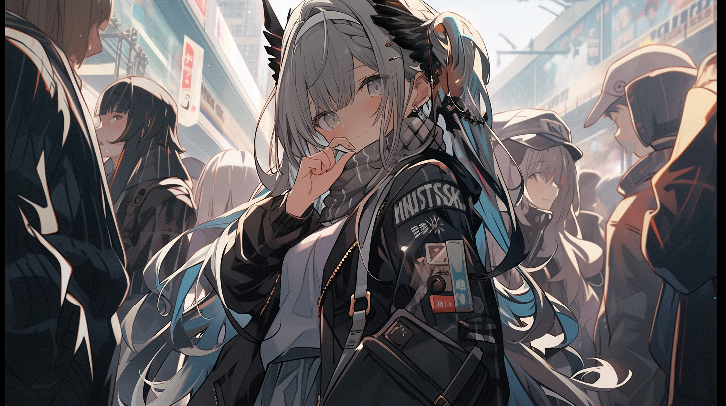Anime 1456x816 AI art Midjourney anime girls smiling scarf looking at viewer long hair two tone hair crowds hat
