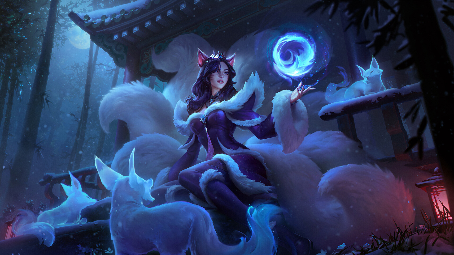 General 1920x1080 Kudos Productions Ahri (League of Legends) video games fox girl video game girls fox ears video game characters fox fox tail trees Moon