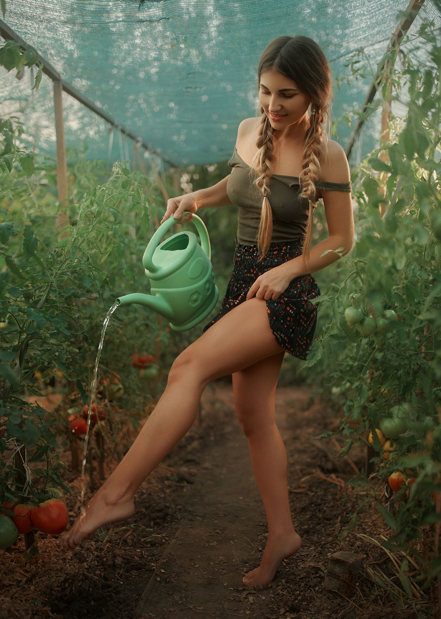 People 1428x2000 Nick Kashuba model wet body garden barefoot legs lifting skirt tomatoes portrait display