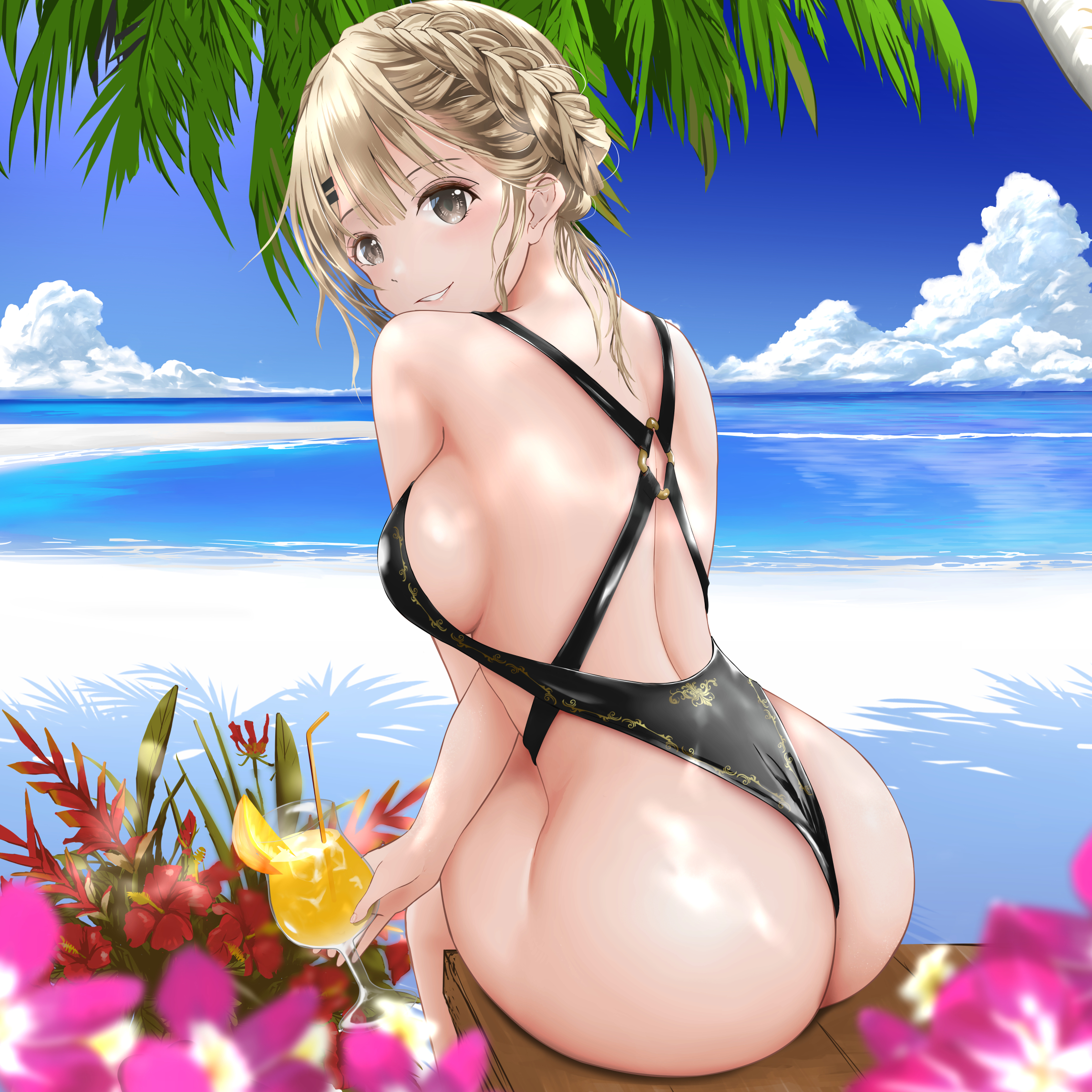 Anime 2290x2290 AFK Arena looking back Rosaline (AFK Arena) sky one-piece swimsuit drink black swimsuit long hair looking at viewer beach sitting women on beach women outdoors clouds flowers depth of field thick ass big boobs sideboob gray hair palm trees hibiscus ass dappled sunlight Gibun bare shoulders backless legs crossed cocktails horizon rear view