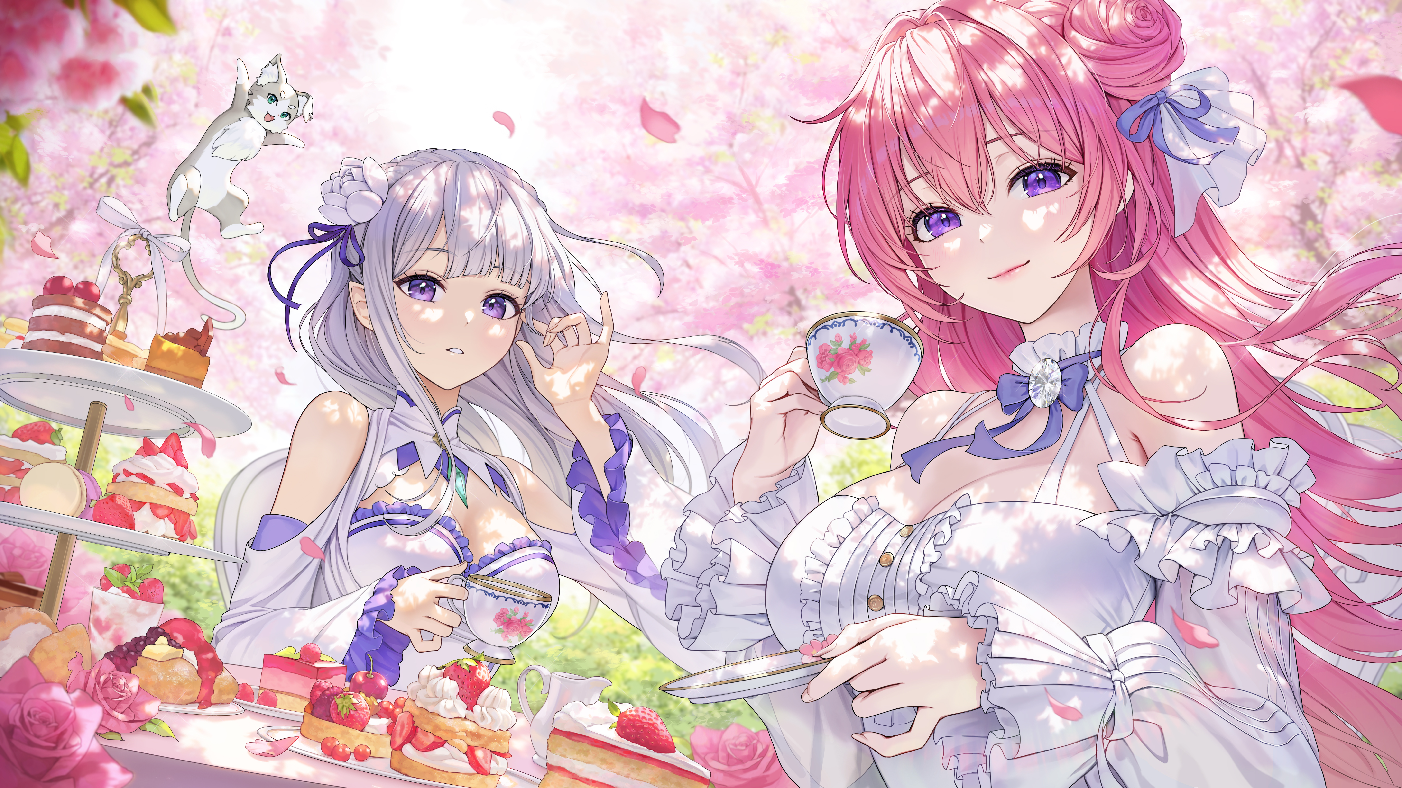 Anime 5760x3240 Nikke: The Goddess of Victory Re:Zero Kara Hajimeru Isekai Seikatsu two women white dress Puck (Re:Zero) long hair looking at viewer tea party women outdoors pastries crossover long sleeves purple eyes cleavage cherry blossom food petals hair ornament pointy ears hair ribbon Heartki cake tea boobs fruit drink hair between eyes cup anime girls bright closed mouth parted lips
