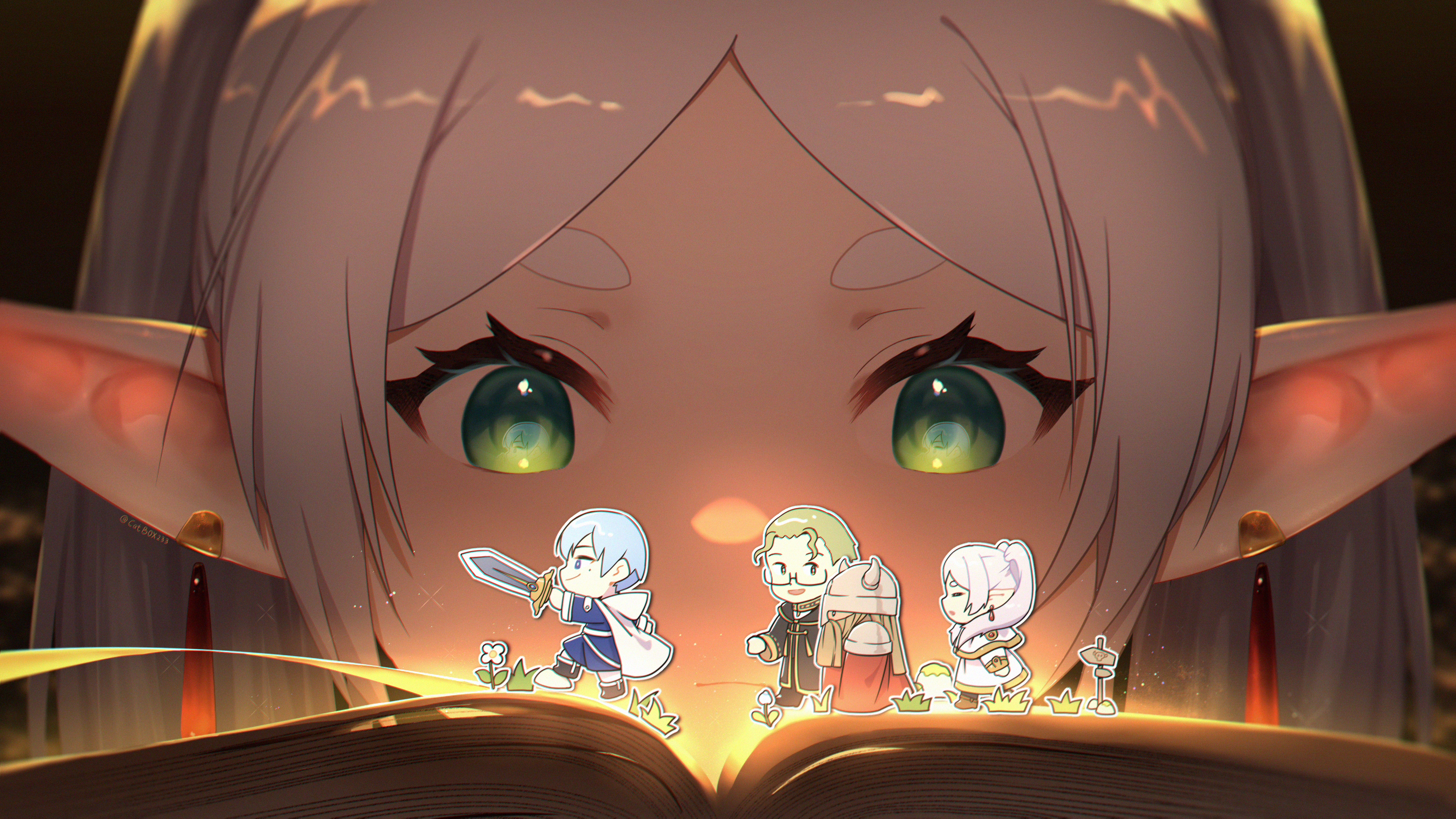 Anime 3840x2160 anime girls anime boys looking below Catbox233 Himmel (Sousou no Frieren) Heiter (Sousou no Frieren) Eisen (Sousou no Frieren) closed mouth long hair green eyes pointy ears reading watermarked gray hair frontal view closeup group of people chibi elves books Sousou No Frieren Frieren
