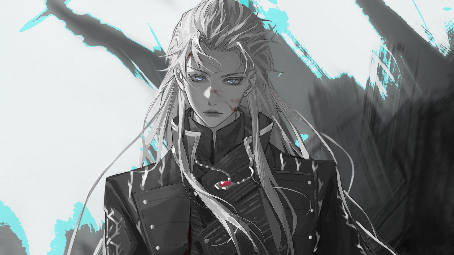 Anime 1920x1080 Vergil Devil May Cry illustration digital art looking at viewer blood closed mouth long hair head tilt anime men necklace blue eyes white hair bright