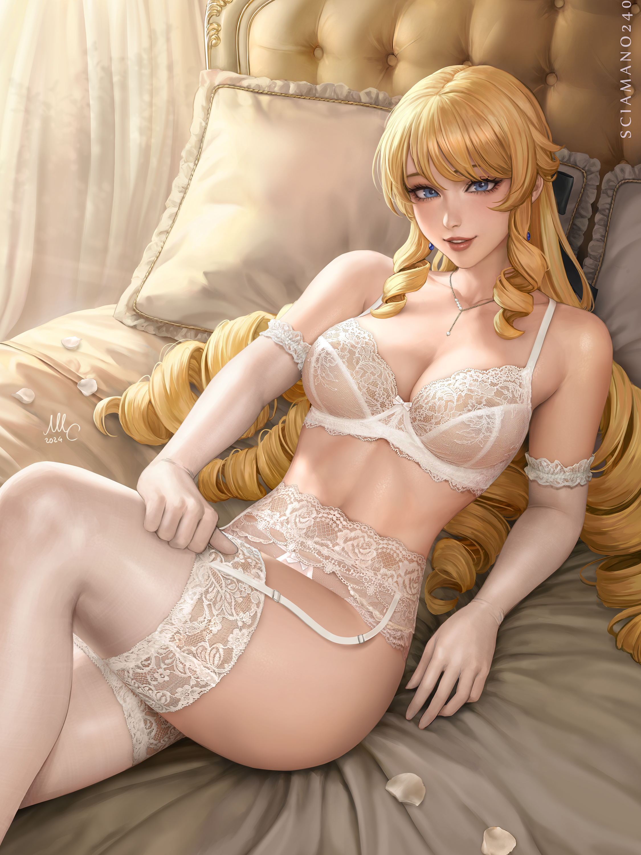 General 2250x3000 Mirco Cabbia digital art artwork illustration fan art video game girls Navia (Genshin Impact) women blonde curly hair long hair lying down underwear lingerie white lingerie bed petals indoors looking at viewer necklace signature blue eyes stockings see-through bra watermarked red lipstick smiling