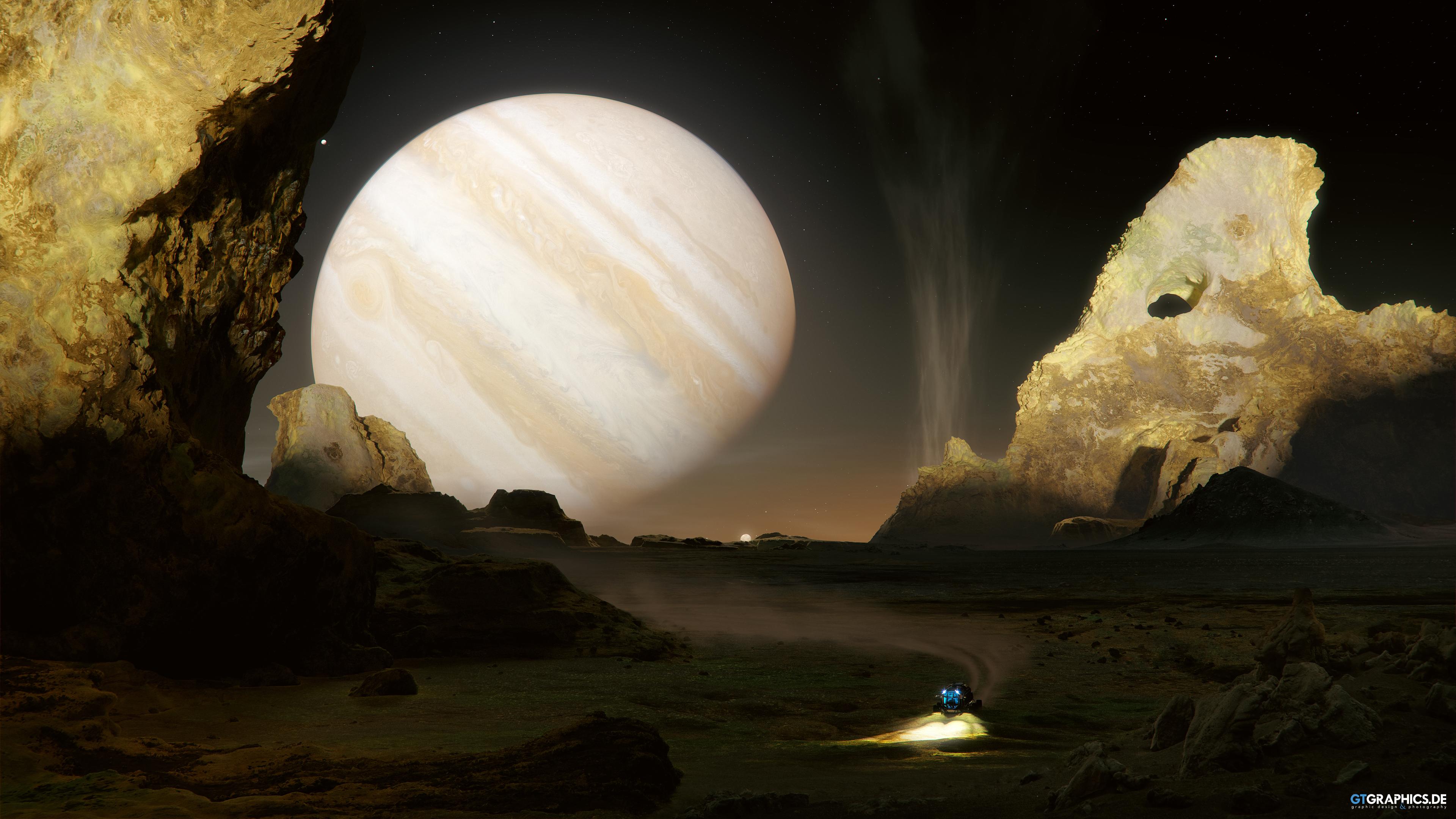 General 3840x2160 GTGraphics digital art artwork illustration CGI space art landscape planet rock formation sunlight vehicle Jupiter stars watermarked 4K