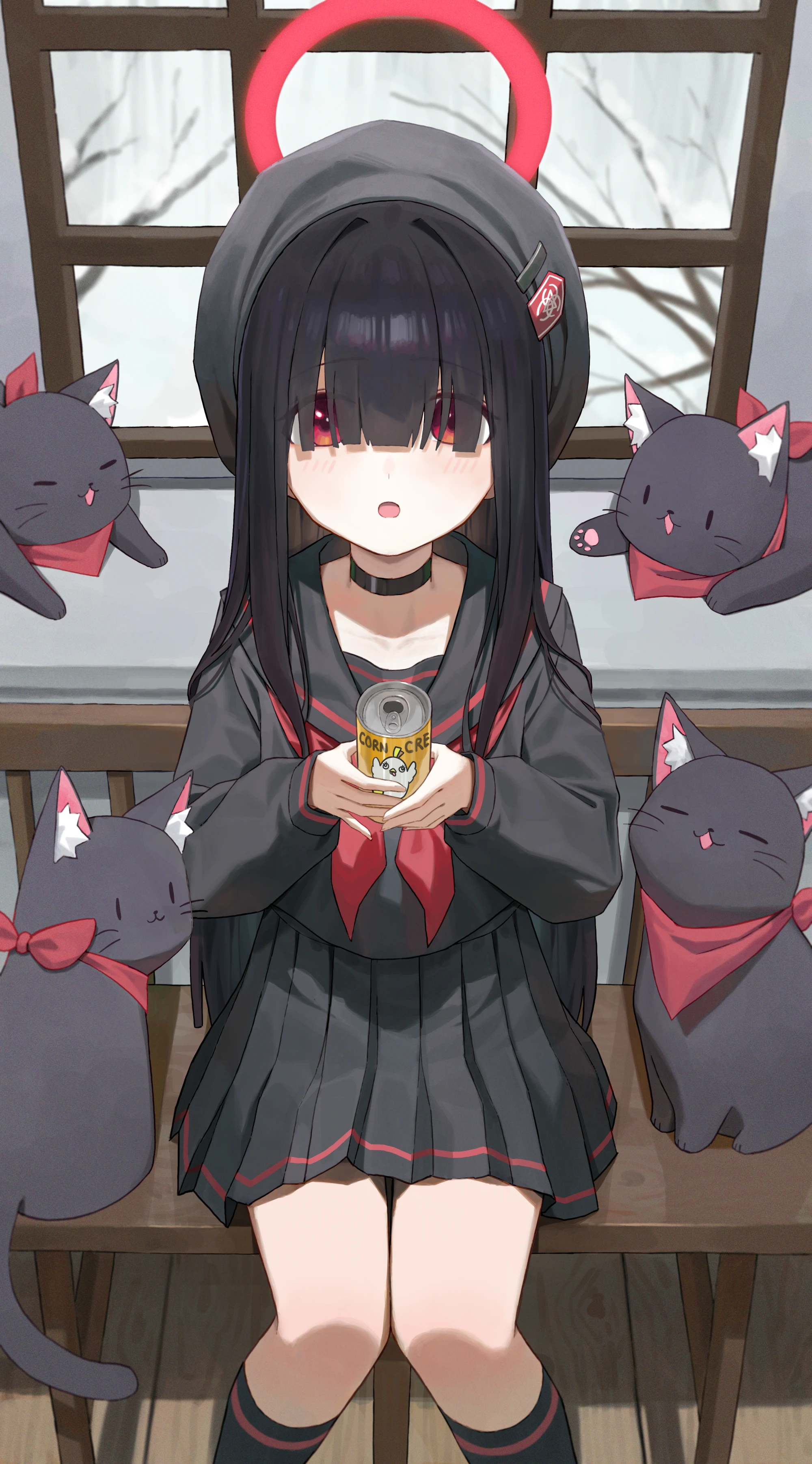 Anime 2000x3605 Blue Archive cats animals red eyes looking at viewer sitting long hair hair in face Justice Task Force Member (Blue Archive) open mouth black hair long sleeves neckerchief schoolgirl school uniform black socks  frontal view anime girls window chair skirt can drink portrait display Cro