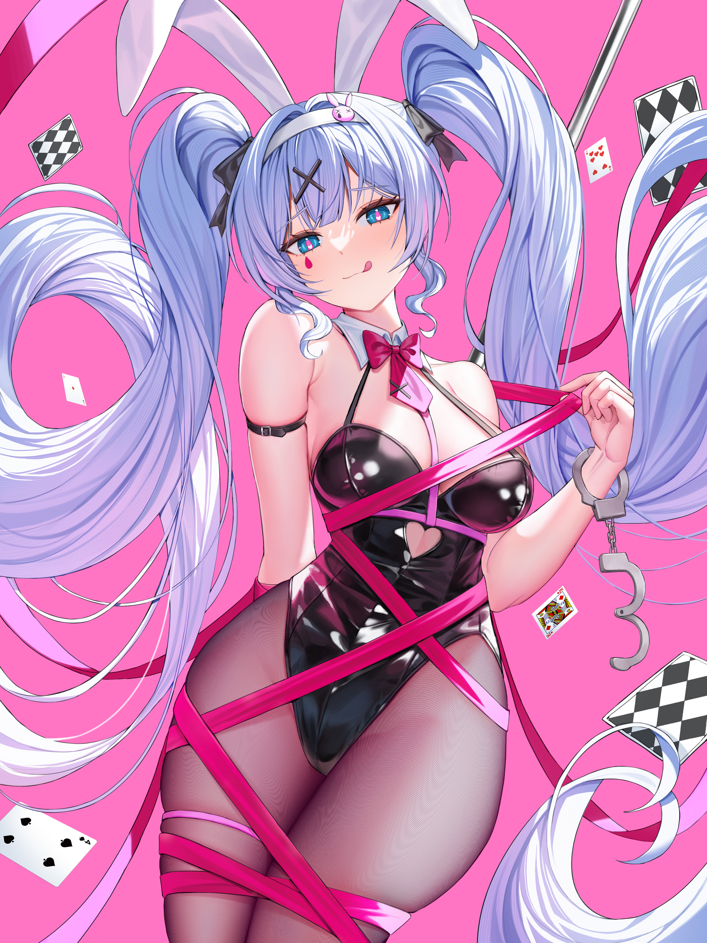 Anime 3000x4000 Hatsune Miku Vocaloid anime anime girls tongue out bunny suit twintails cards looking at viewer Pixiv portrait display long hair black leotard pantyhose blue eyes bare shoulders simple background bow tie tongues headband hair ornament bunny ears bunny girl skindentation ribbon dancing poles handcuffs blue hair arm(s) behind back BDSM leotard