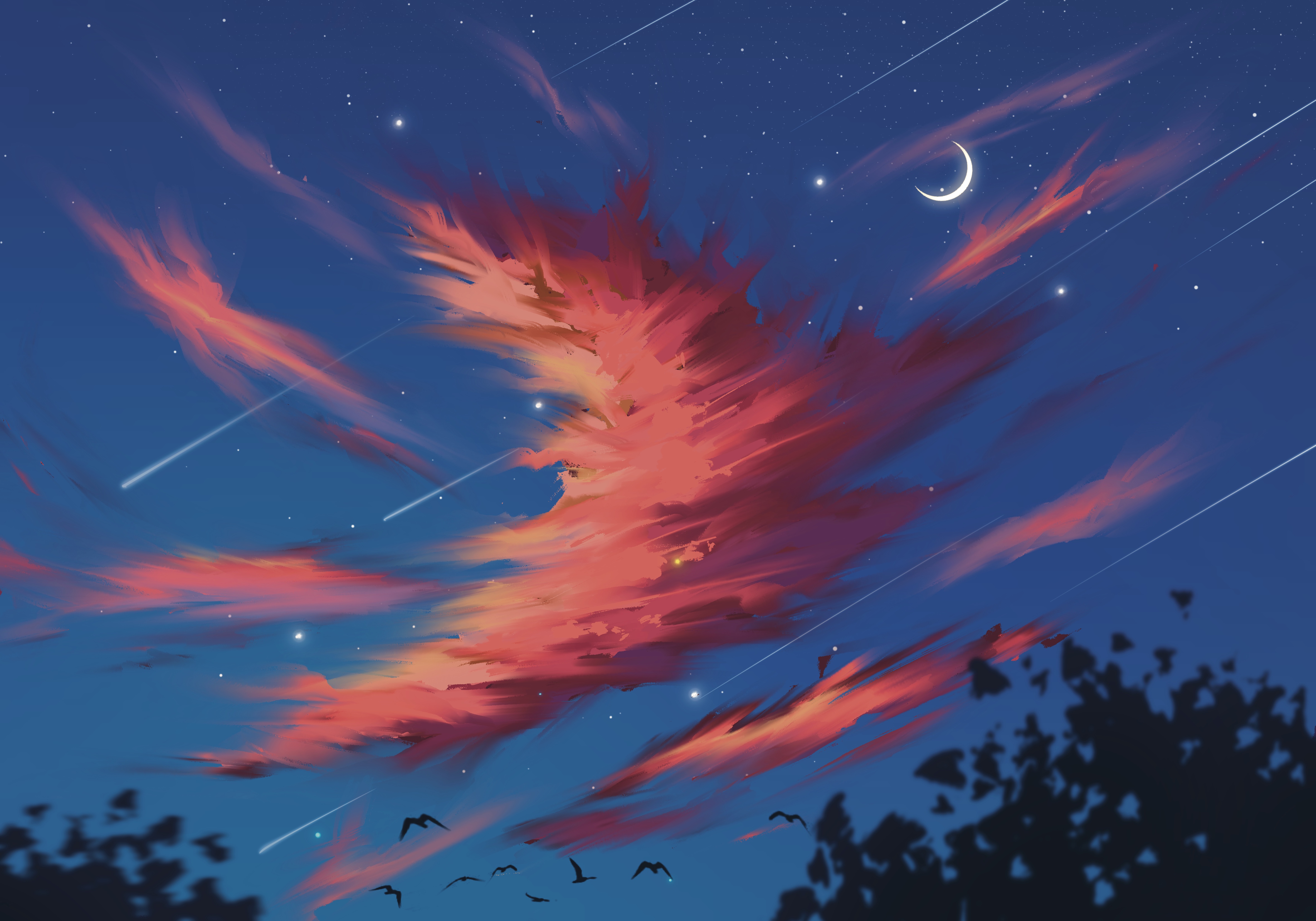 General 4724x3307 digital art artwork illustration painting sky clouds Moon birds animals stars shooting stars