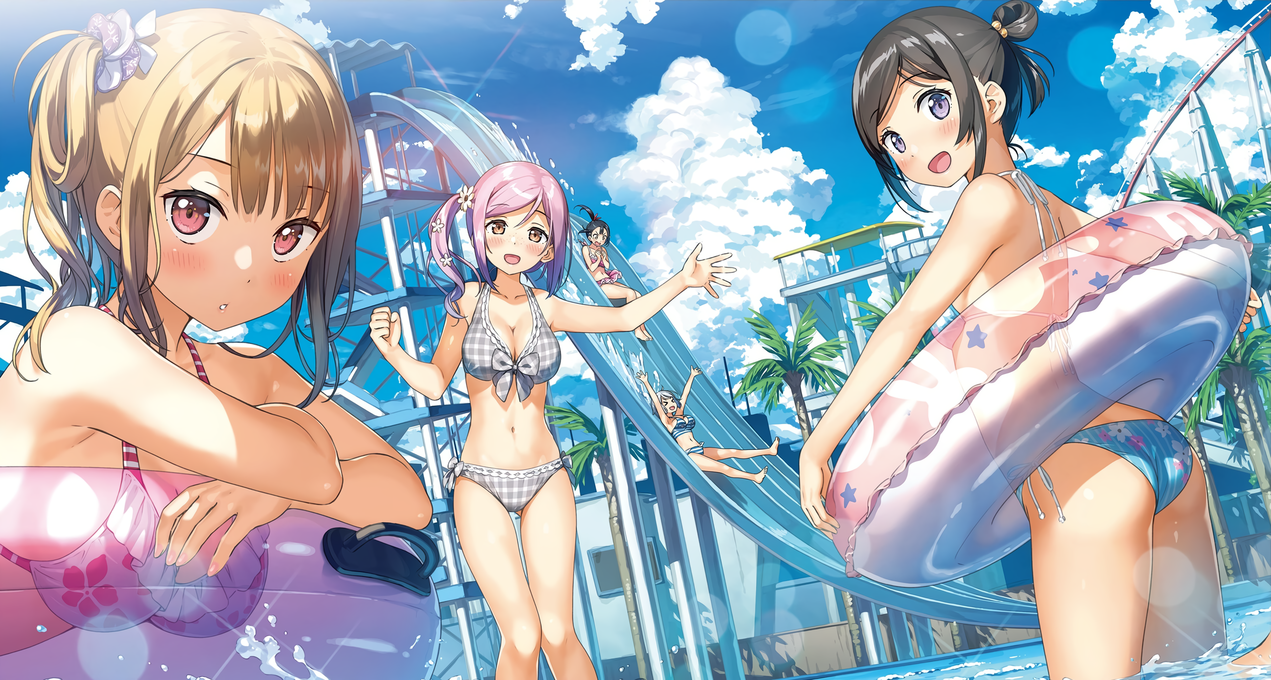 Anime 2589x1387 Kantoku anime girls swimming pool bikini top water slide looking back looking at viewer floater