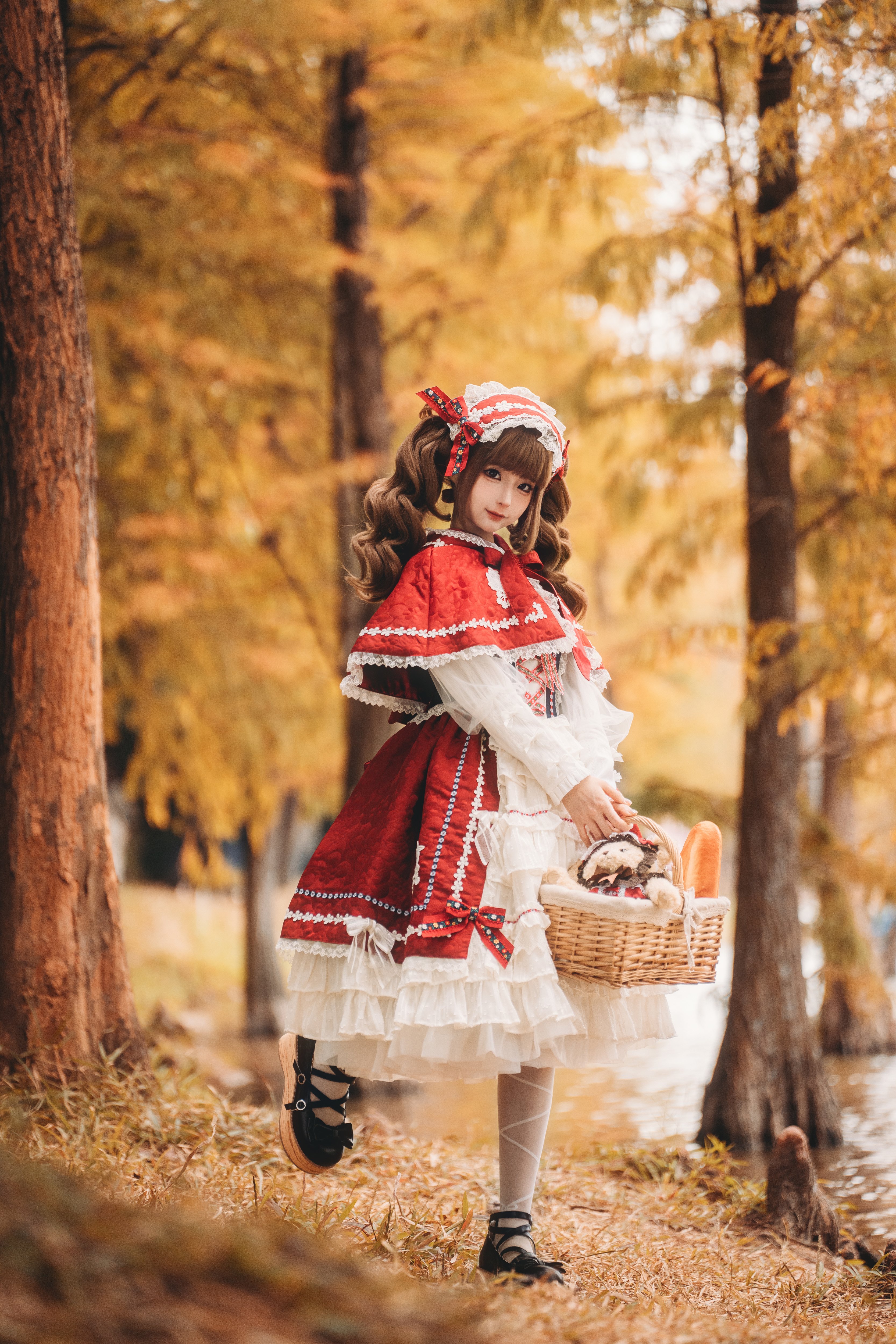 People 3333x5000 cosplay Asian Little Red Riding Hood depth of field forest twintails baskets bread Chun Momo