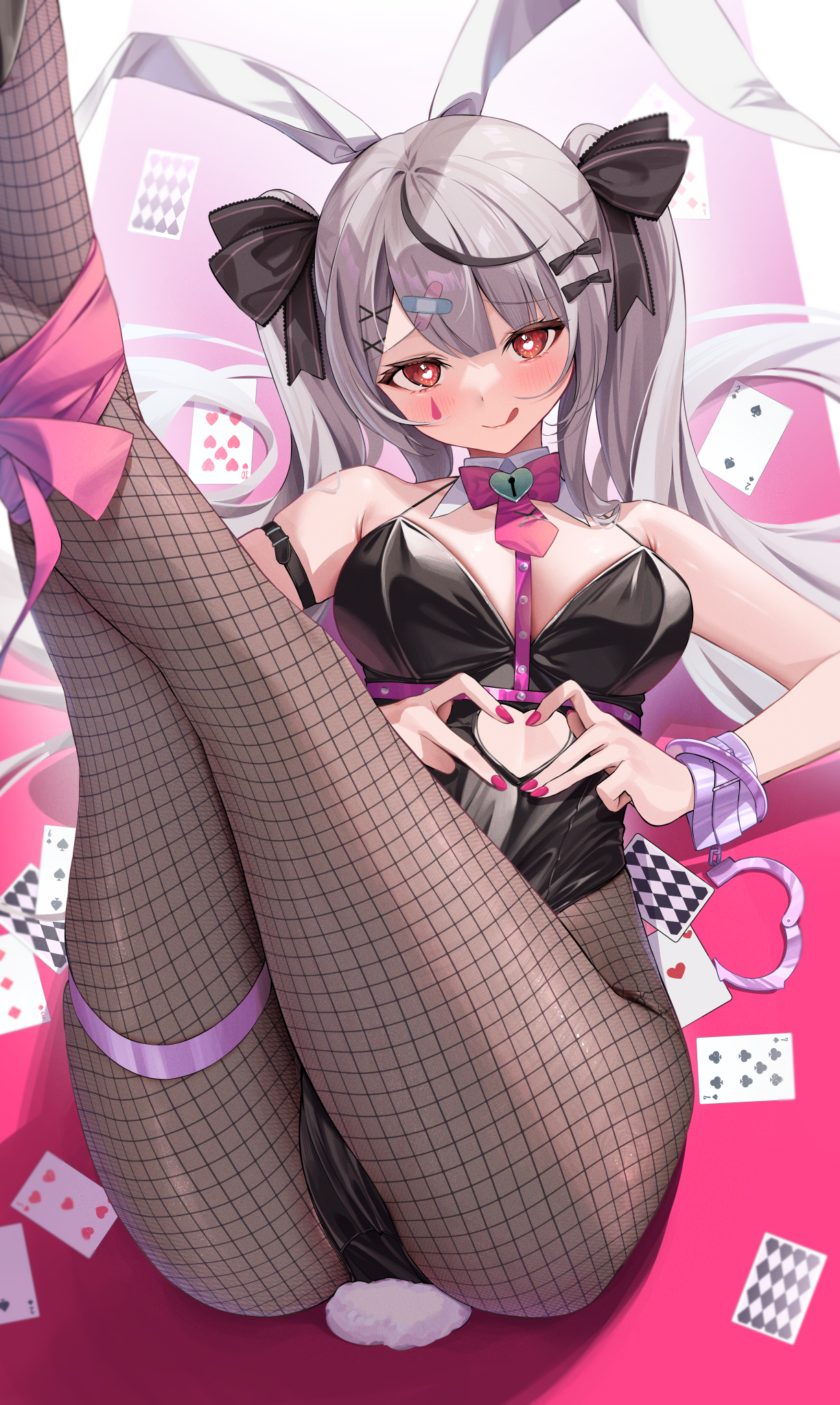 Anime 1224x2047 anime anime girls bunny ears bunny suit Sakamata Chloe Hololive Hino Kagutsuki tongue out lying down lying on back black leotard tongues leotard heart hands heart eyes long hair red nails painted nails fishnet pantyhose fishnet bunny tail hair ribbon on the floor handcuffs wrist cuffs smiling keyhole band-aid hair between eyes cards thigh strap skindentation