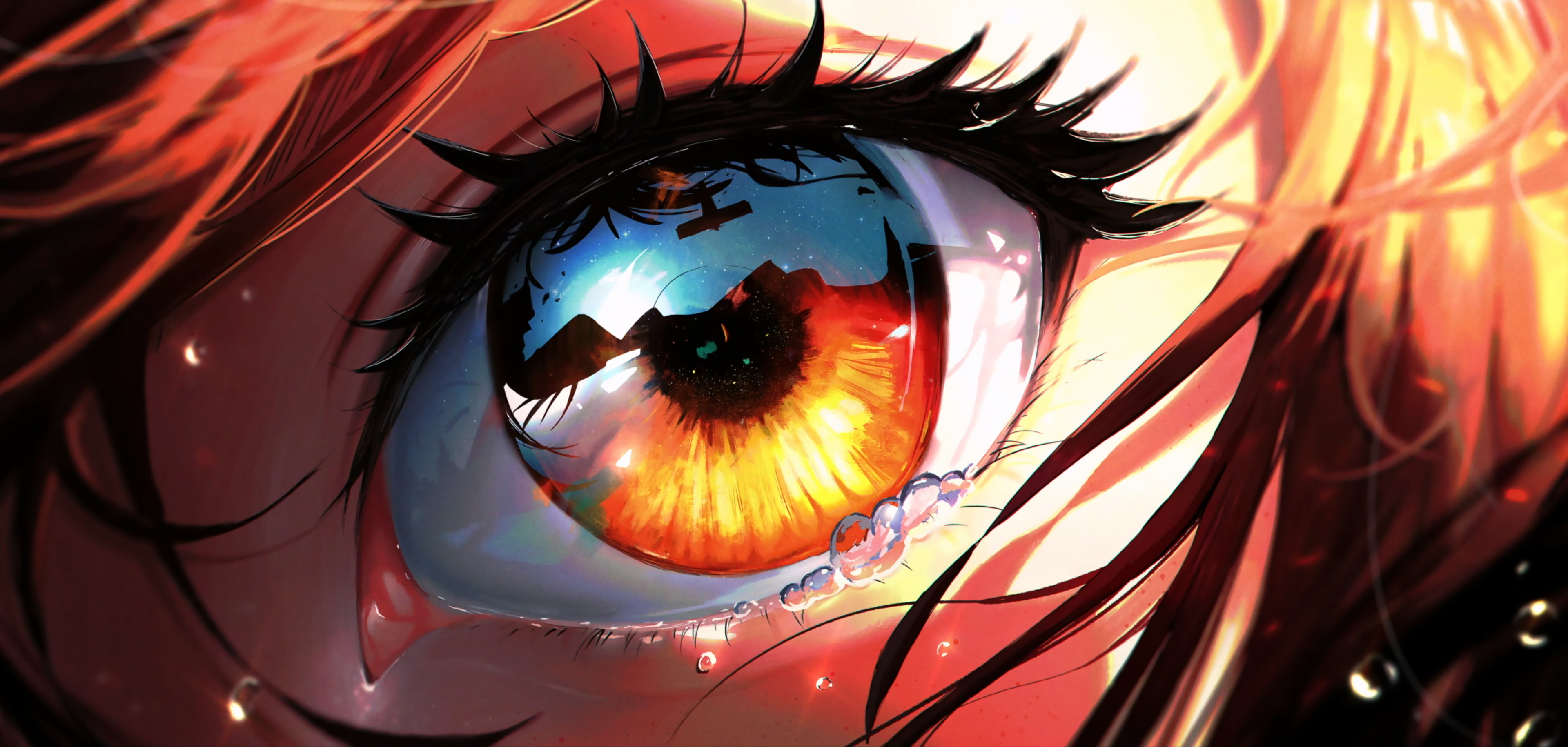 Anime 3840x1830 SARTG digital art artwork illustration anime anime girls eyes closeup reflection brunette crying tears eyelashes sunlight