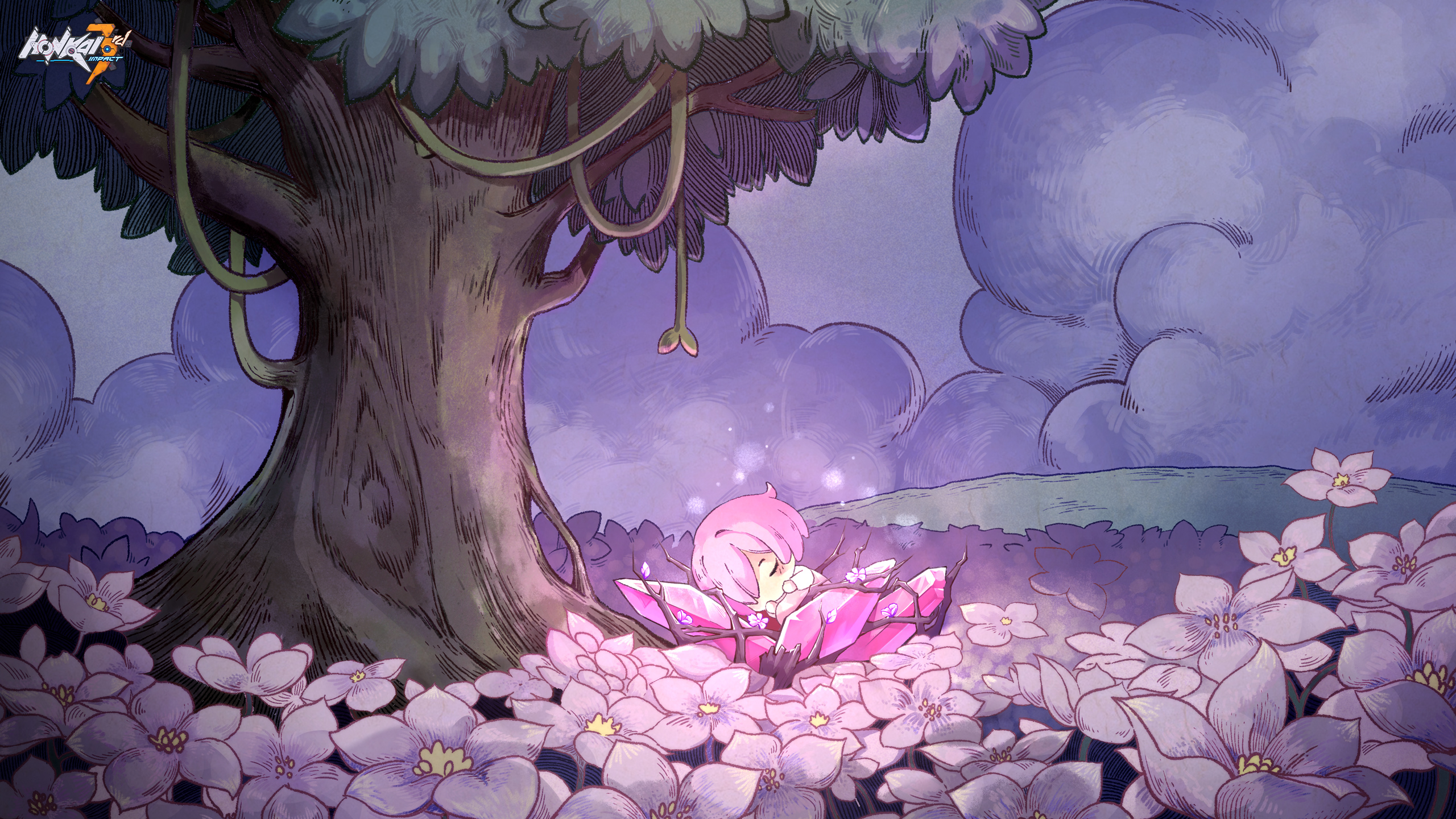 Anime 2560x1440 Honkai Impact Honkai Impact 3rd fairies crystal  sleeping trees clouds flowers lianas pink