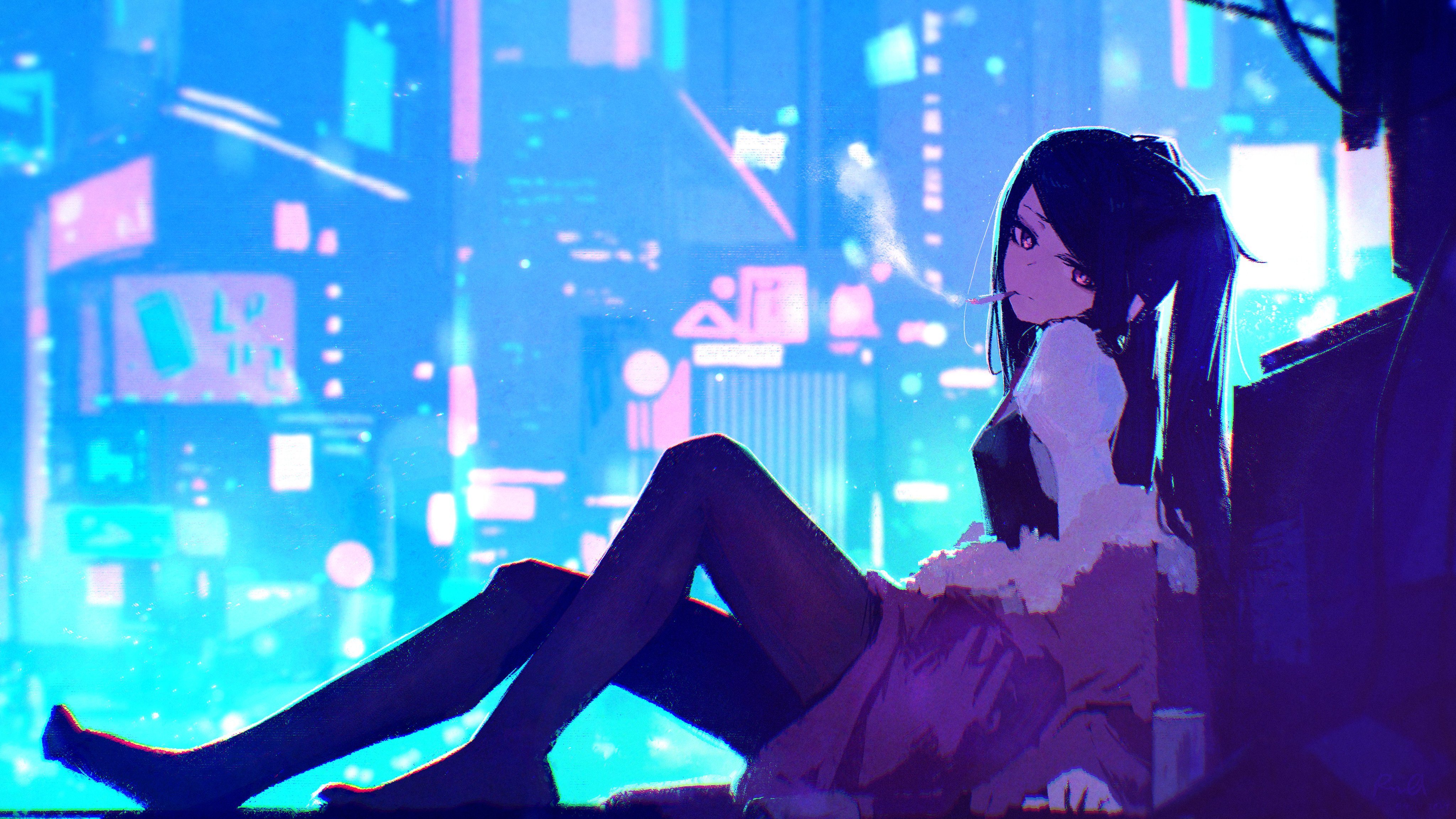 Anime 4096x2304 Va-11 Hall-A anime girls smoking cyberpunk Julianne Stingray sitting looking at viewer cigarettes city lights long hair off shoulder bent legs closed mouth