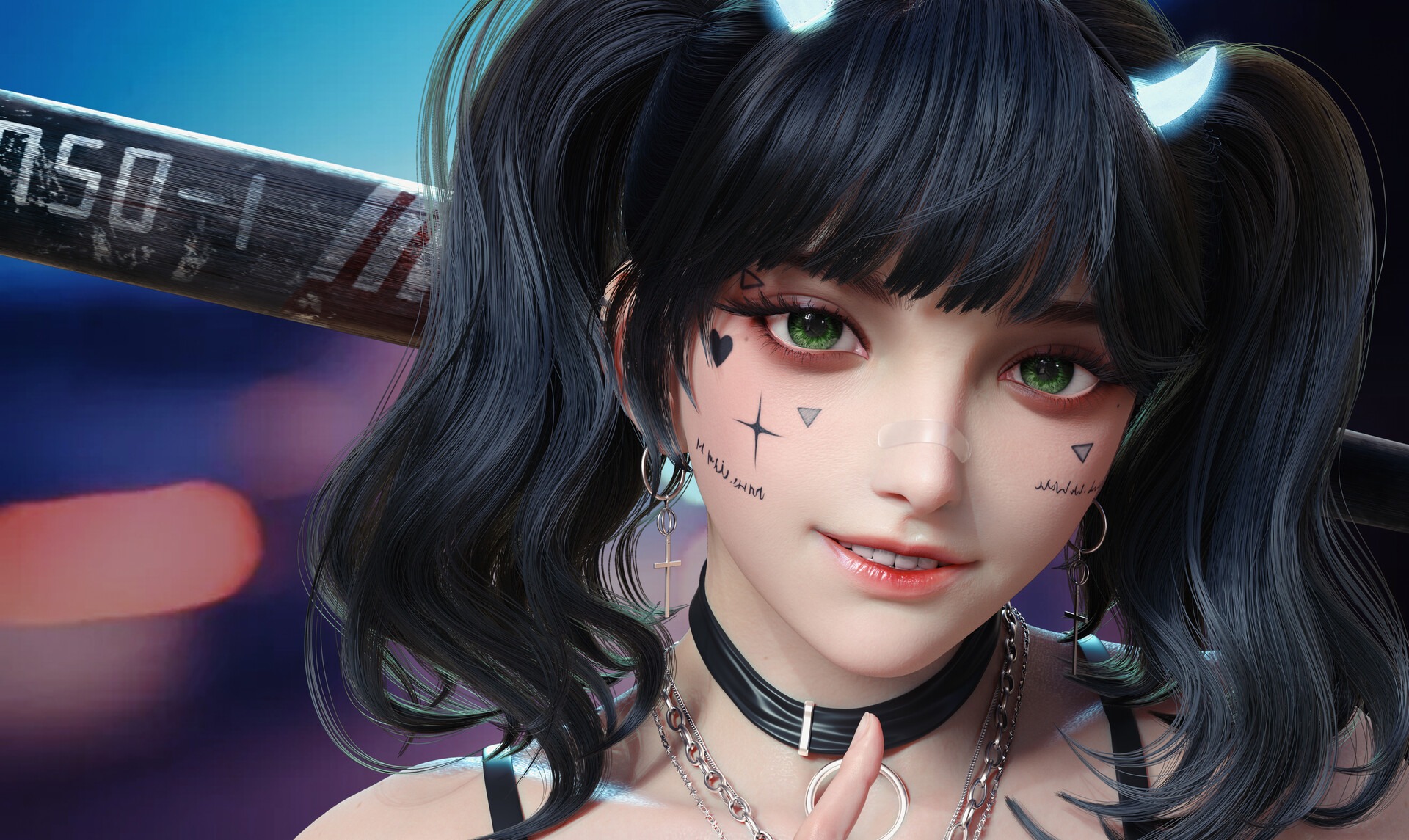 General 1920x1145 women black hair ponytail parted lips looking at viewer Asian tattoo cross earrings earring necklace long hair twintails baseball bat face green eyes Yihao Ren blurry background CGI teeth horns bangs band-aid