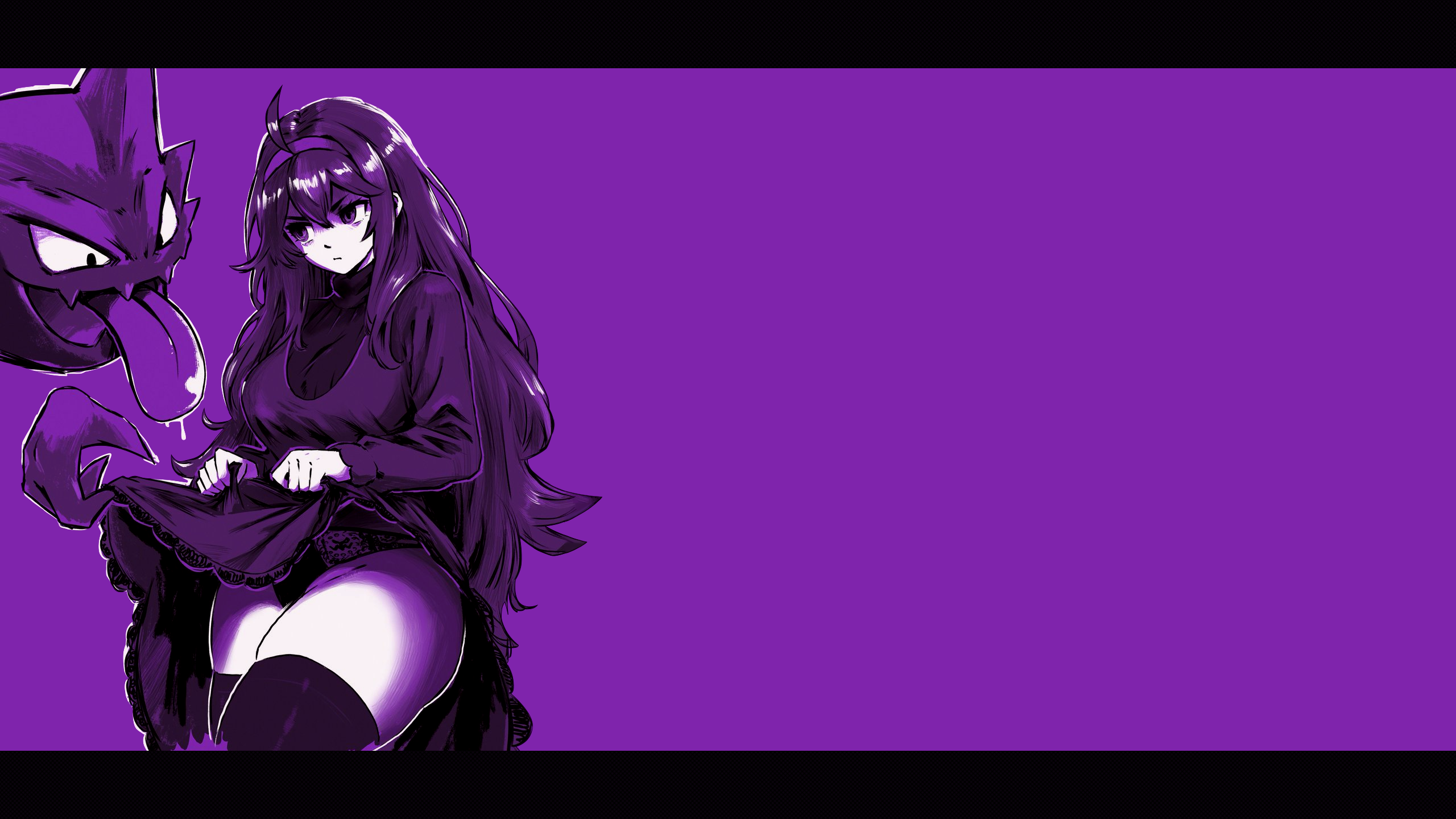 Anime 2560x1440 anime girls video games video game girls Pokémon Haunter fictional creatures fictional character tongue out thighs thick thigh thighs together Hex Maniac (Pokemon) wide hips boredom purple dress dress thigh-highs black thigh-highs boobs big boobs drool long hair purple eyes headband lingerie purple background monochrome sidelocks bangs blunt bangs fangs angry lifting dress lifting clothes lifting skirt panties black panties blushing Nintendo ghost sheer lingerie sheer panties simple background gluteal fold
