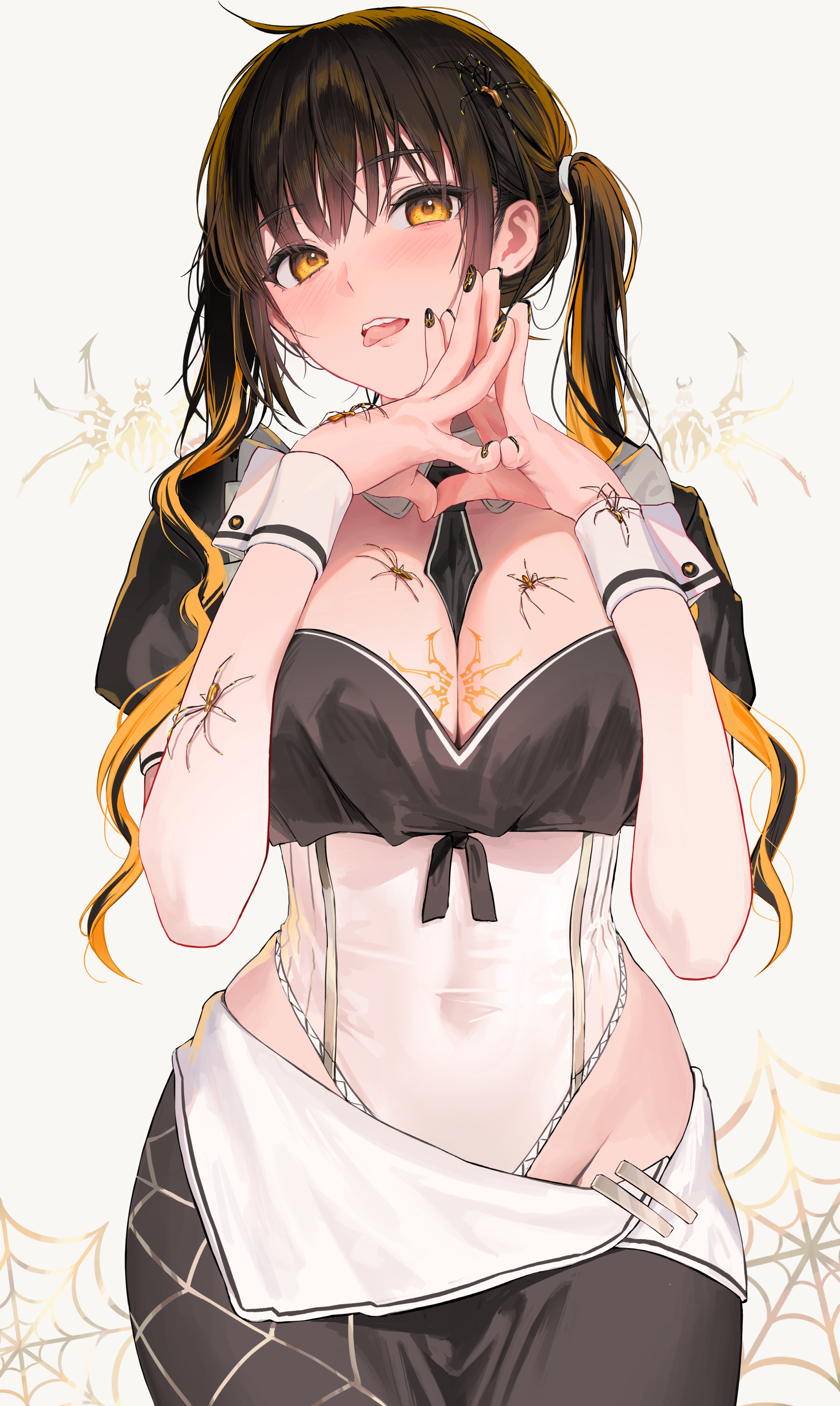 Anime 1794x3000 Tokkihouse two tone hair portrait display leotard white leotard big boobs looking at viewer tongues tongue out spiderwebs white background spider yellow eyes short sleeves wrist cuffs open clothes nail polish black hair simple background bug blushing parted lips arms up twintails head tilt necktie tattoo black top