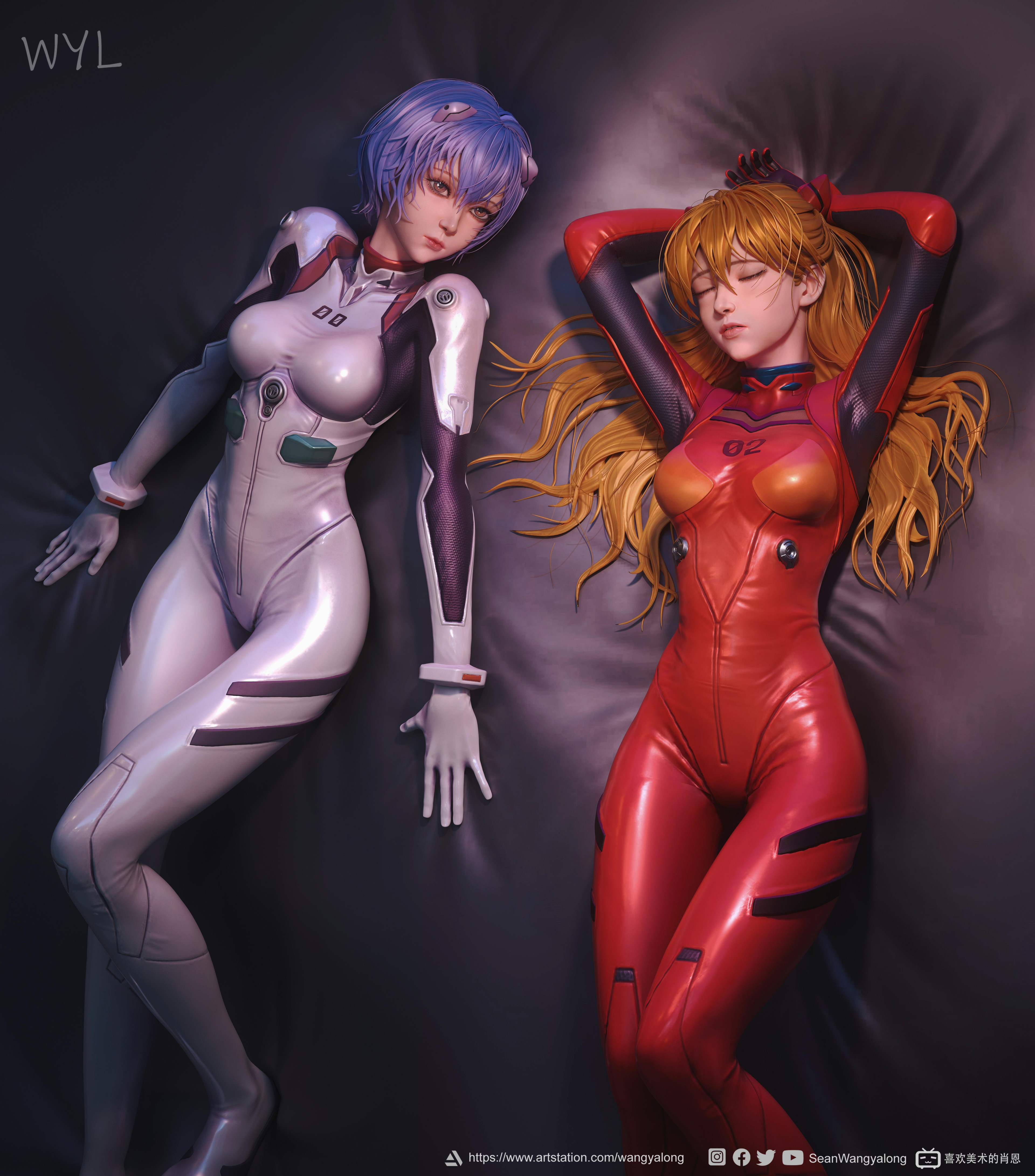 Anime 3840x4365 Ayanami Rei CGI Neon Genesis Evangelion bodysuit red clothing redhead two women portrait display short hair looking at viewer skinny anime girls watermarked hair between eyes icon lying down lying on back signature closed mouth bob hairstyle blue hair Asuka Langley Soryu long hair closed eyes arm(s) behind head numbers