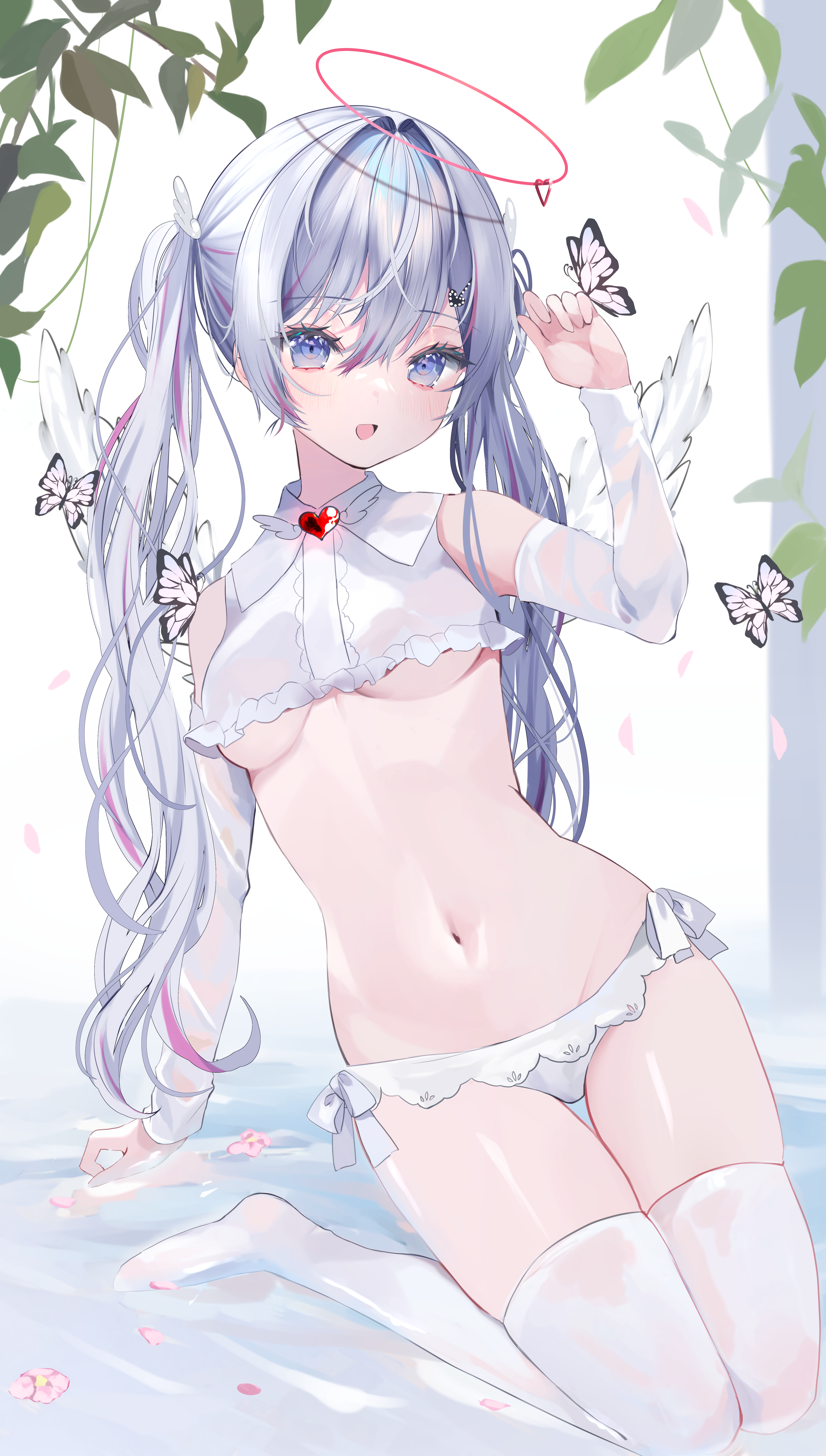 Anime 3785x6667 anime girls small boobs wet angel wings anime hair between eyes moemoepiano skinny twintails looking at viewer portrait display long hair underboob bare shoulders white lingerie thigh-highs white thigh highs leaves open mouth butterfly water two tone hair blue eyes hair clip