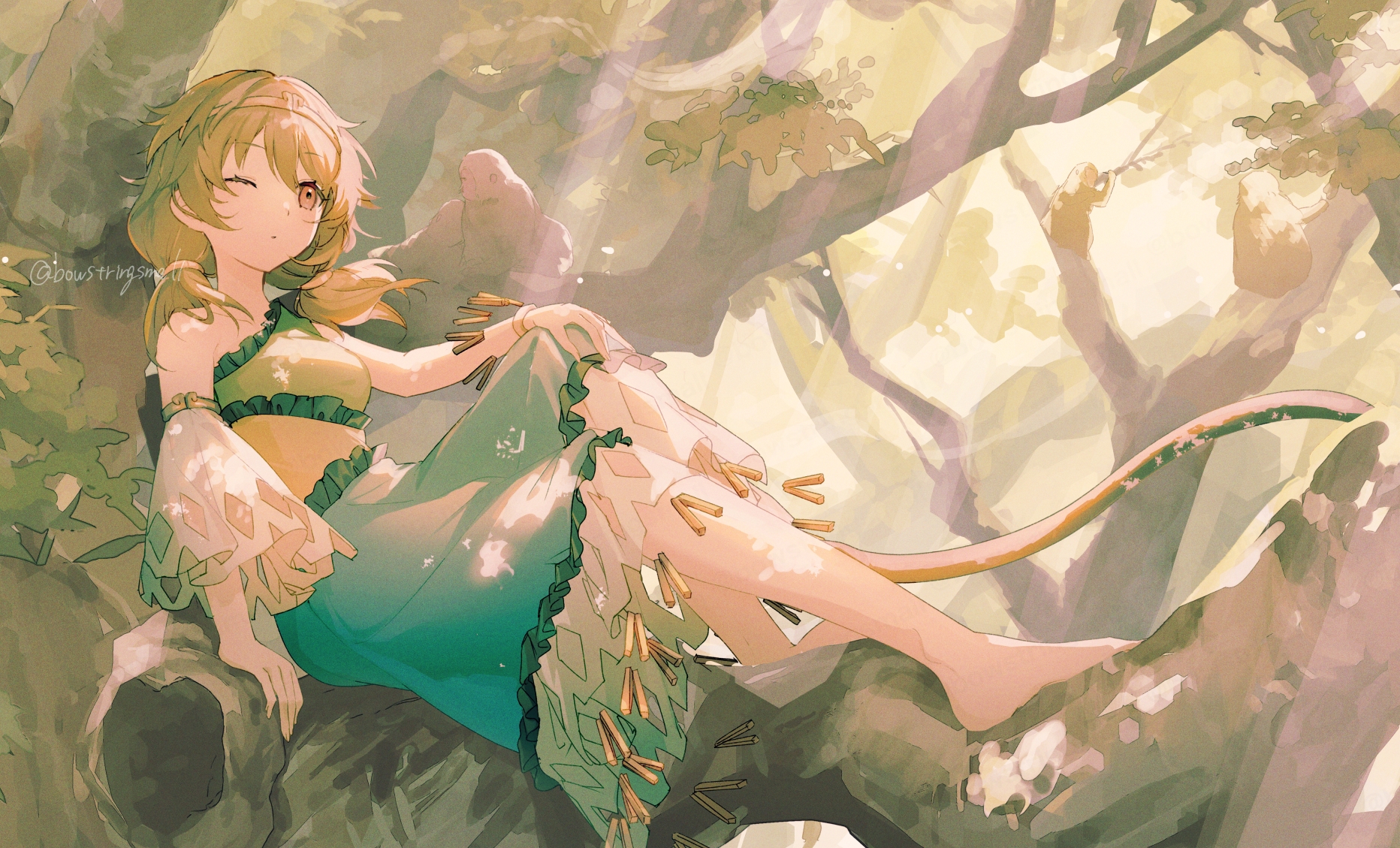 Anime 1864x1129 Touhou Pixiv anime anime girls Son Biten one eye closed long hair watermarked brunette brown eyes looking away bare shoulders sunlight natural light branch barefoot detached sleeves circlet women outdoors hands on knees dress bare midriff bracelets