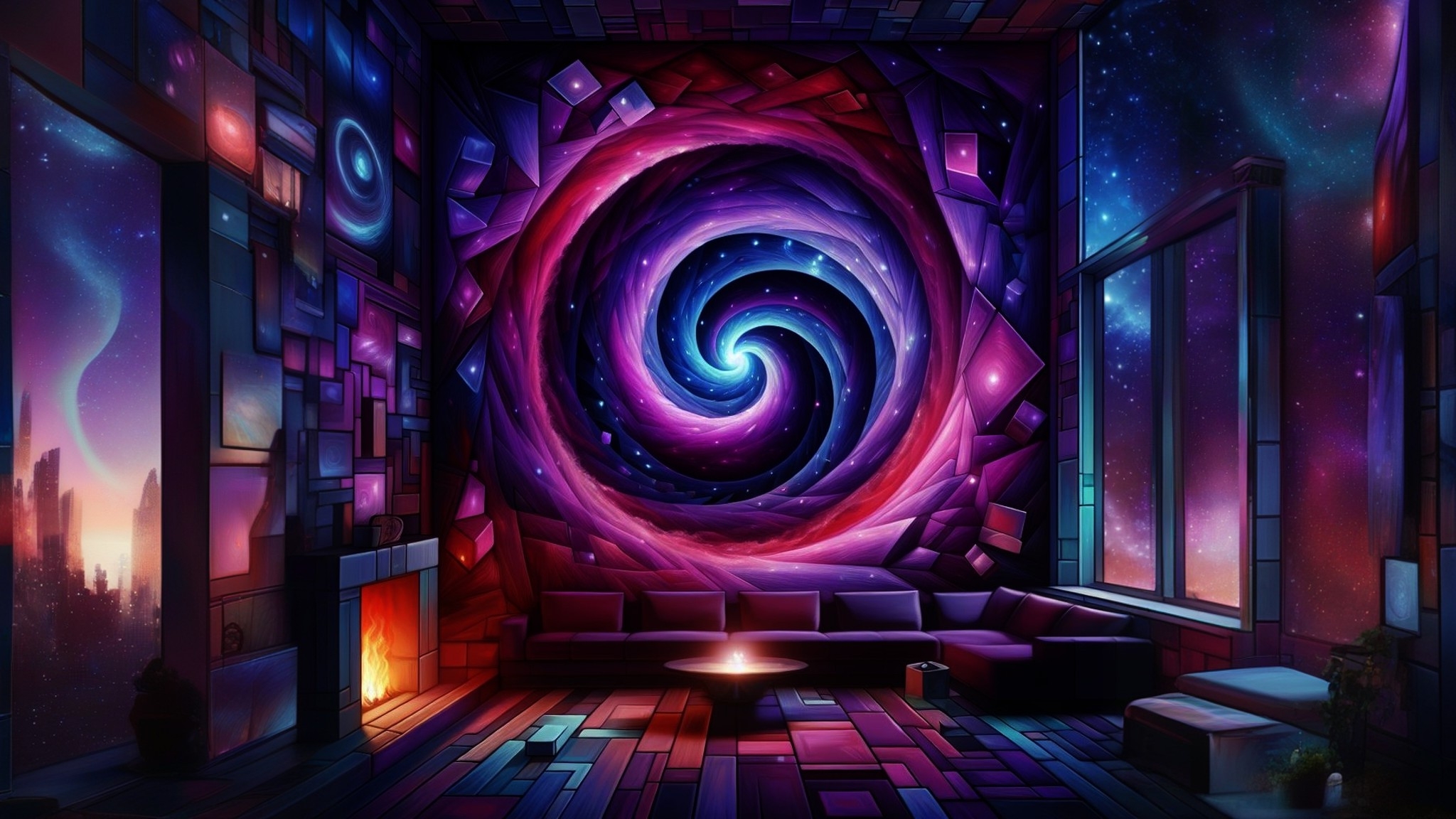 General 2048x1152 AI art digital art fantasy art wormhole fireplace violet (color) cubism science fiction fire couch interior cube space stars