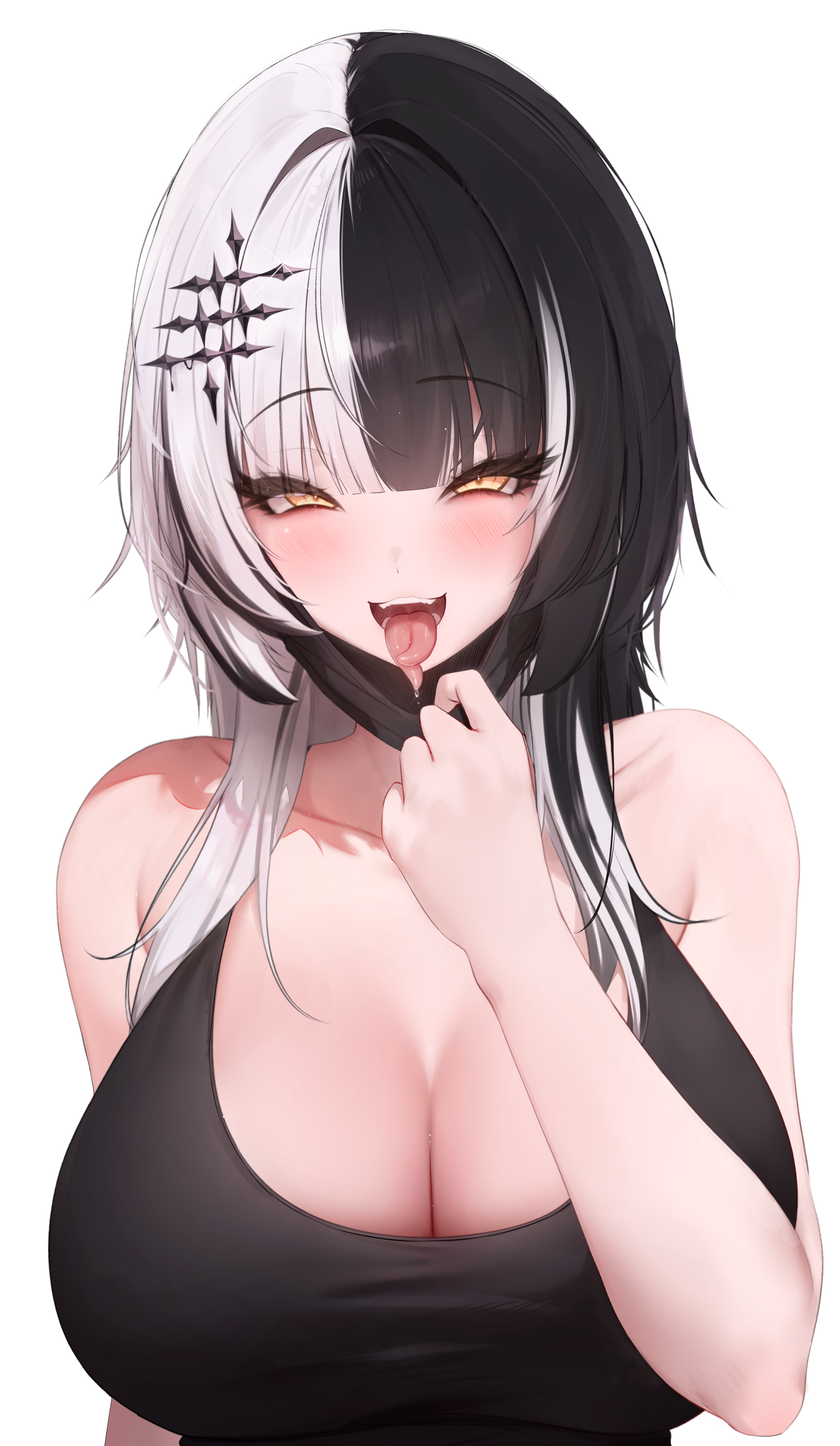 Anime 2378x4094 anime anime girls Virtual Youtuber Hololive Shiori Novella split tongue two tone hair yellow eyes open mouth tongue out big boobs huge breasts simple background prab looking at viewer mask portrait display tongues white background smiling blushing cleavage collarbone long hair hair ornament