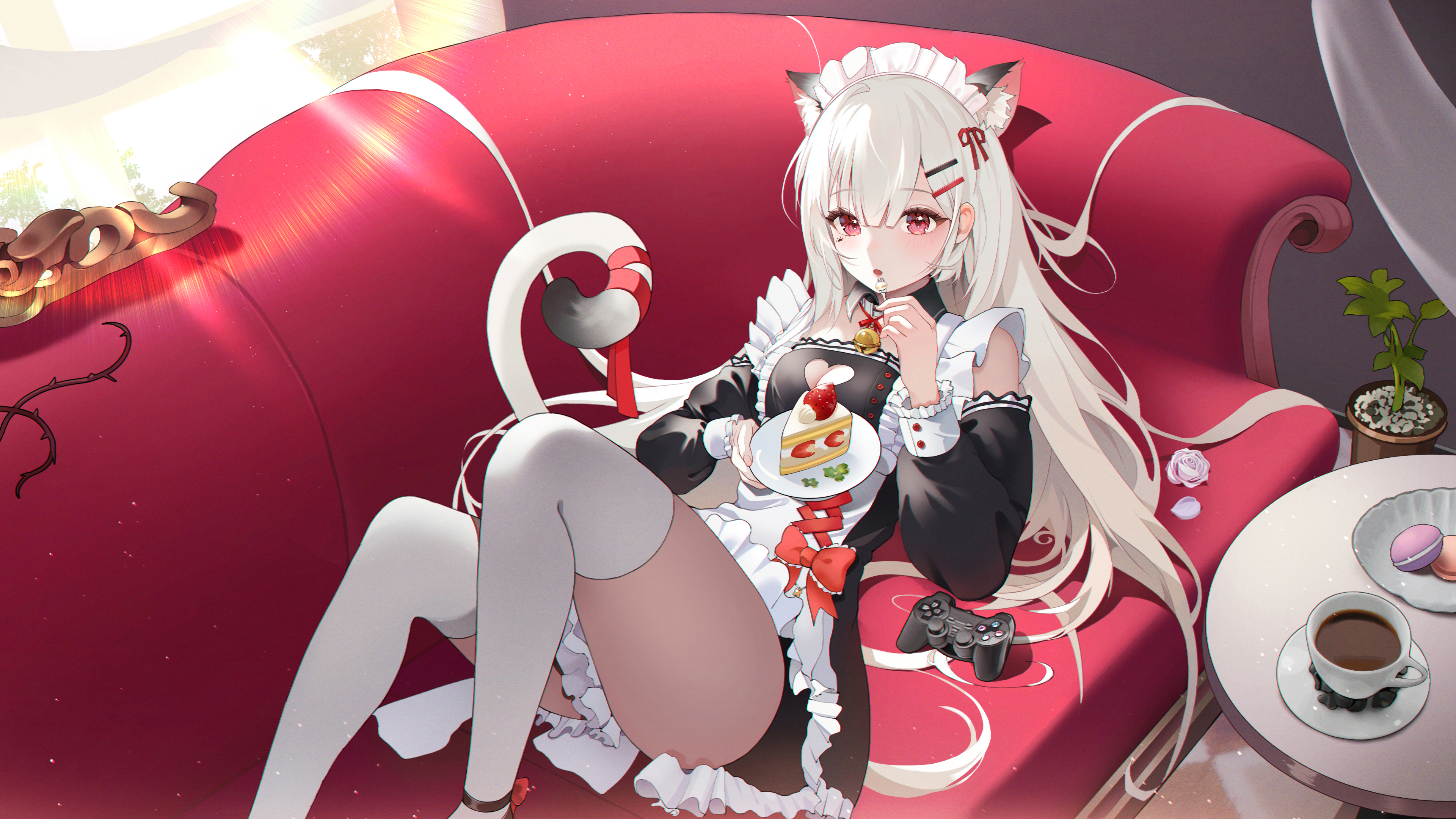 Anime 3840x2160 anime girls silver hair cat girl maid outfit lying down lying on back bare shoulders maid looking at viewer long hair white hair hair ornament white thigh highs thighs thigh-highs cat ears cat tail detached sleeves open mouth macarons plates cake sweets strawberries fruit headdress leaves bells frills rose controllers DualShock