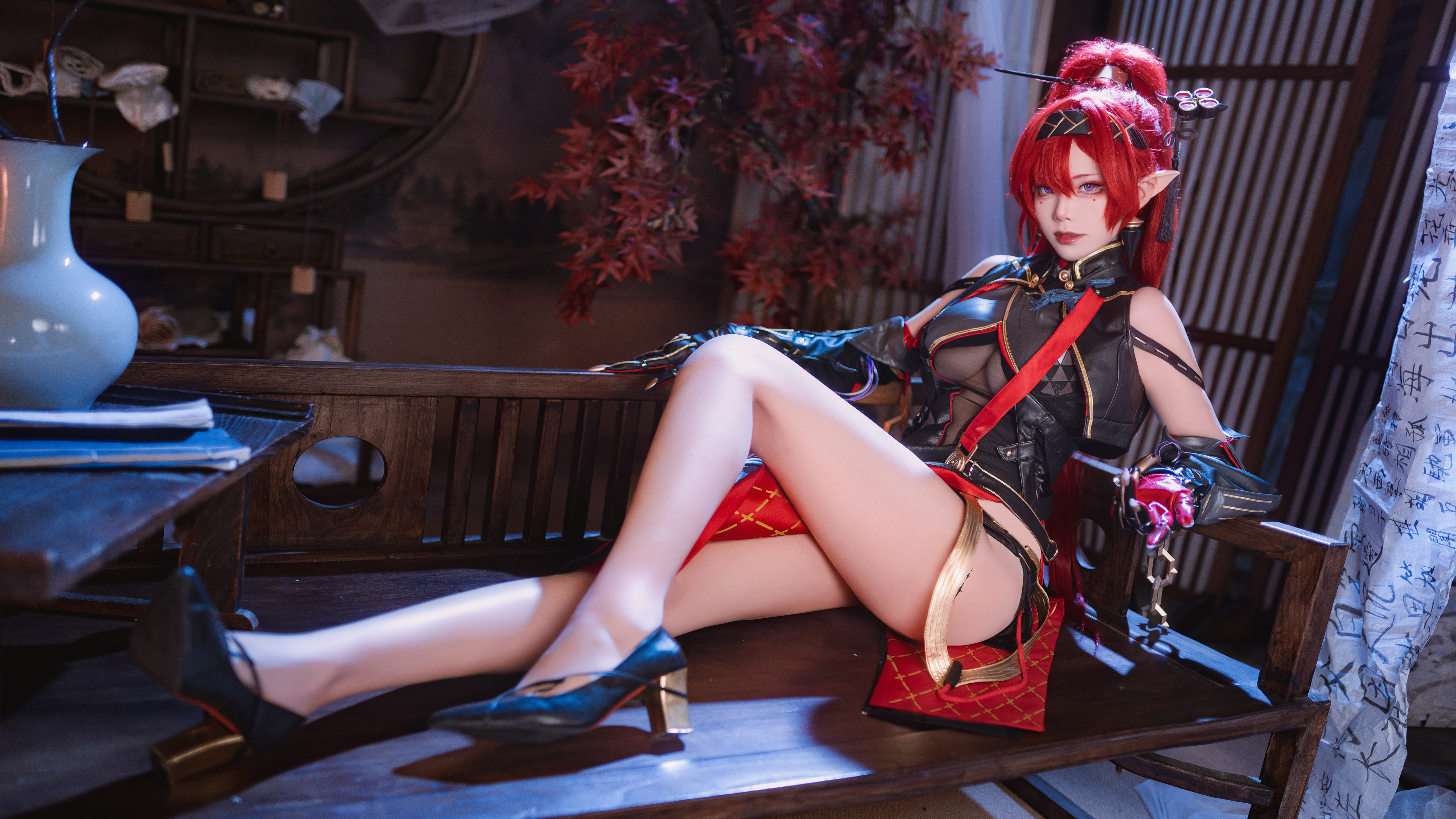 People 6532x3674 cosplay Asian women Wuthering Waves Hazelnut (Cosplayer) legs Yinlin (Wuthering Waves) sitting looking at viewer high heels long hair pointy ears redhead parted lips purple eyes bare shoulders thighs headband wood anime anime girls hips hair between eyes red lipstick lipstick
