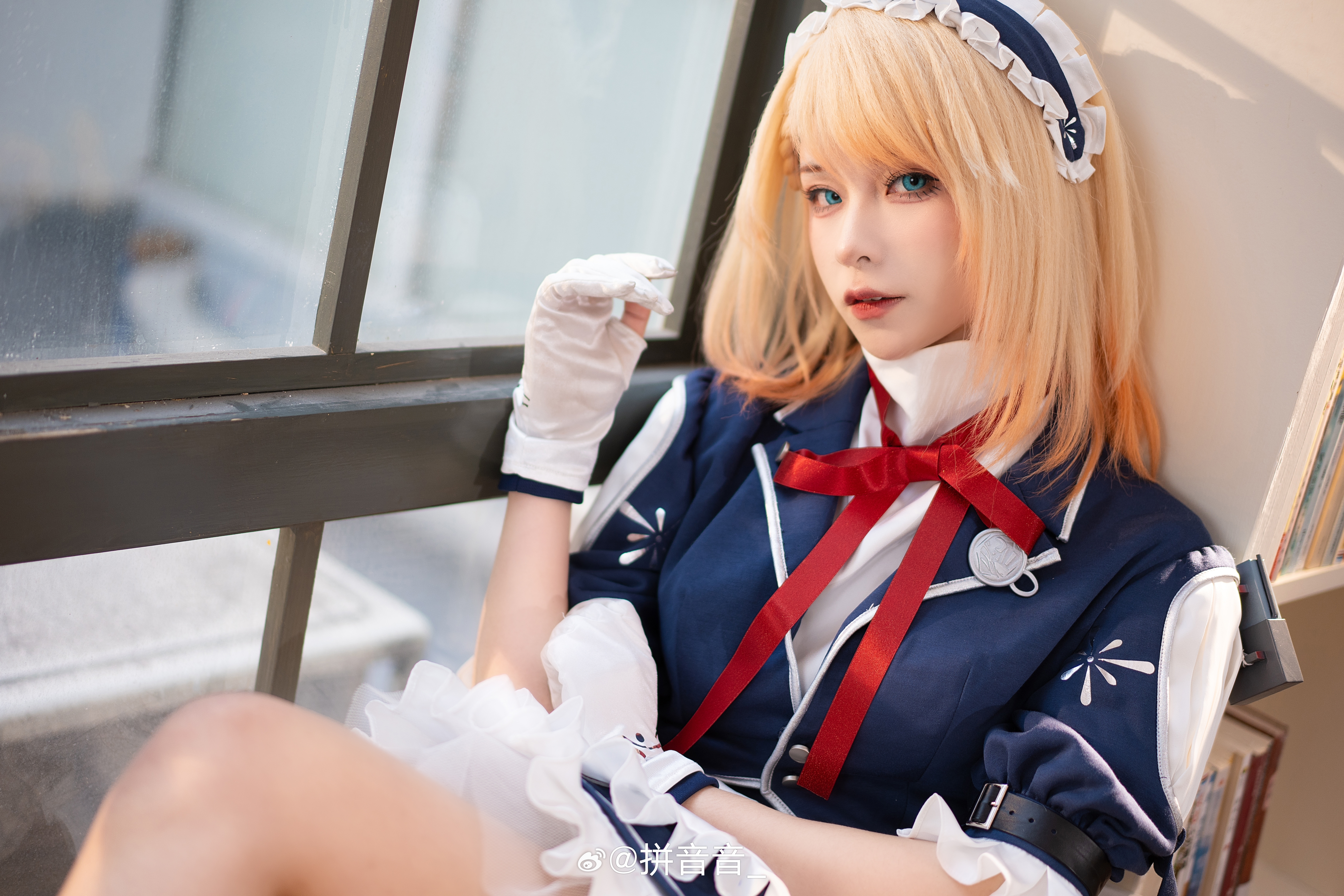 People 6143x4095 cosplay women Asian Moemmm looking at viewer blonde window by the window parted lips blue eyes watermarked Weibo shoulder length hair gloves white gloves sitting indoors women indoors short sleeves ribbon red ribbon
