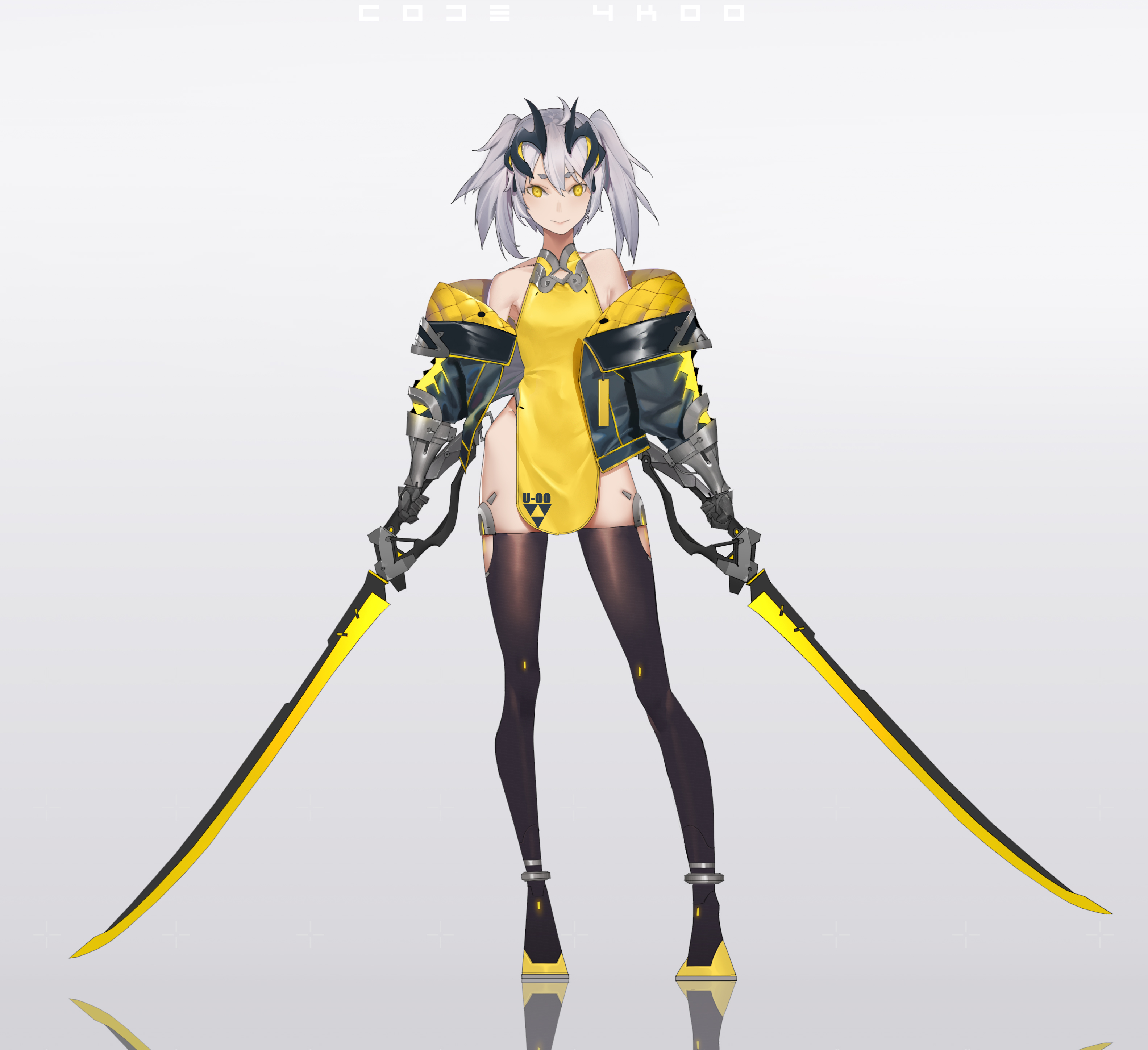 Anime 3168x2898 mecha girls weapon thigh-highs Icy02 artwork silver hair yellow eyes