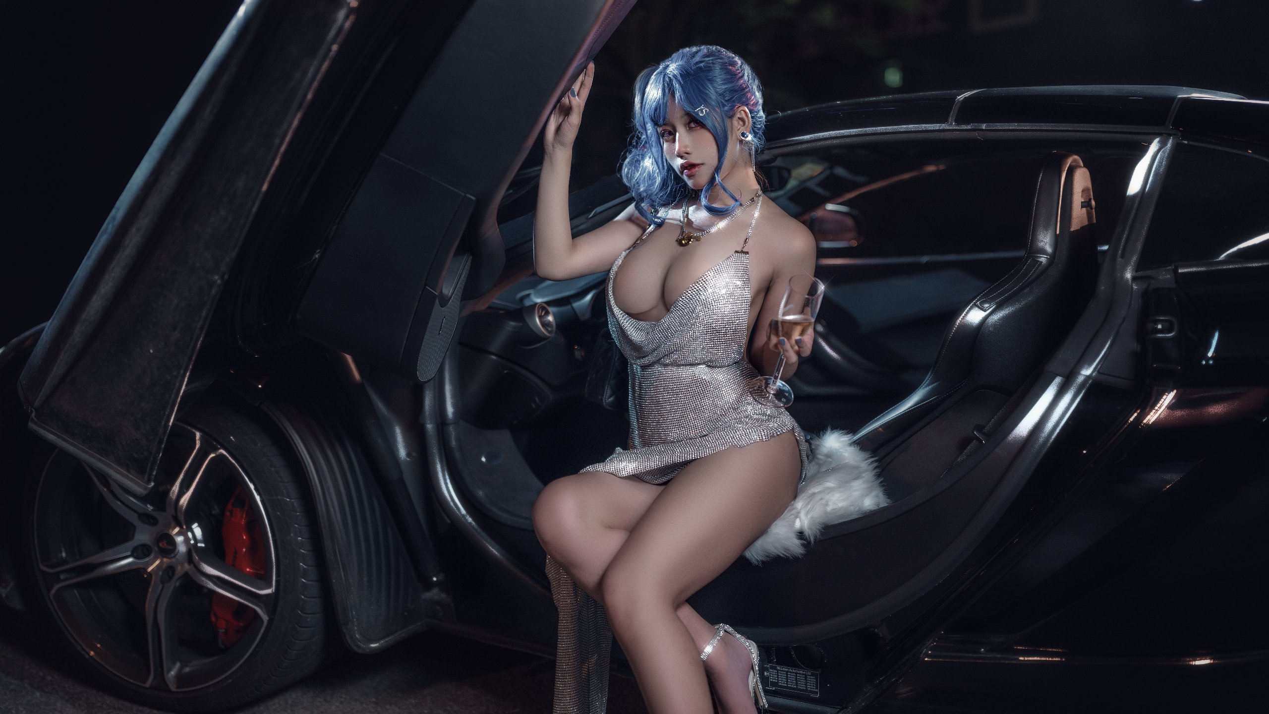 People 2560x1440 model Chinese Asian dyed hair necklace cleavage earring sports car high heels champagne glass sitting cocktail dress ponytail hairpins depth of field women legs car interior cosplay Saint Louis (Azur Lane) Azur Lane