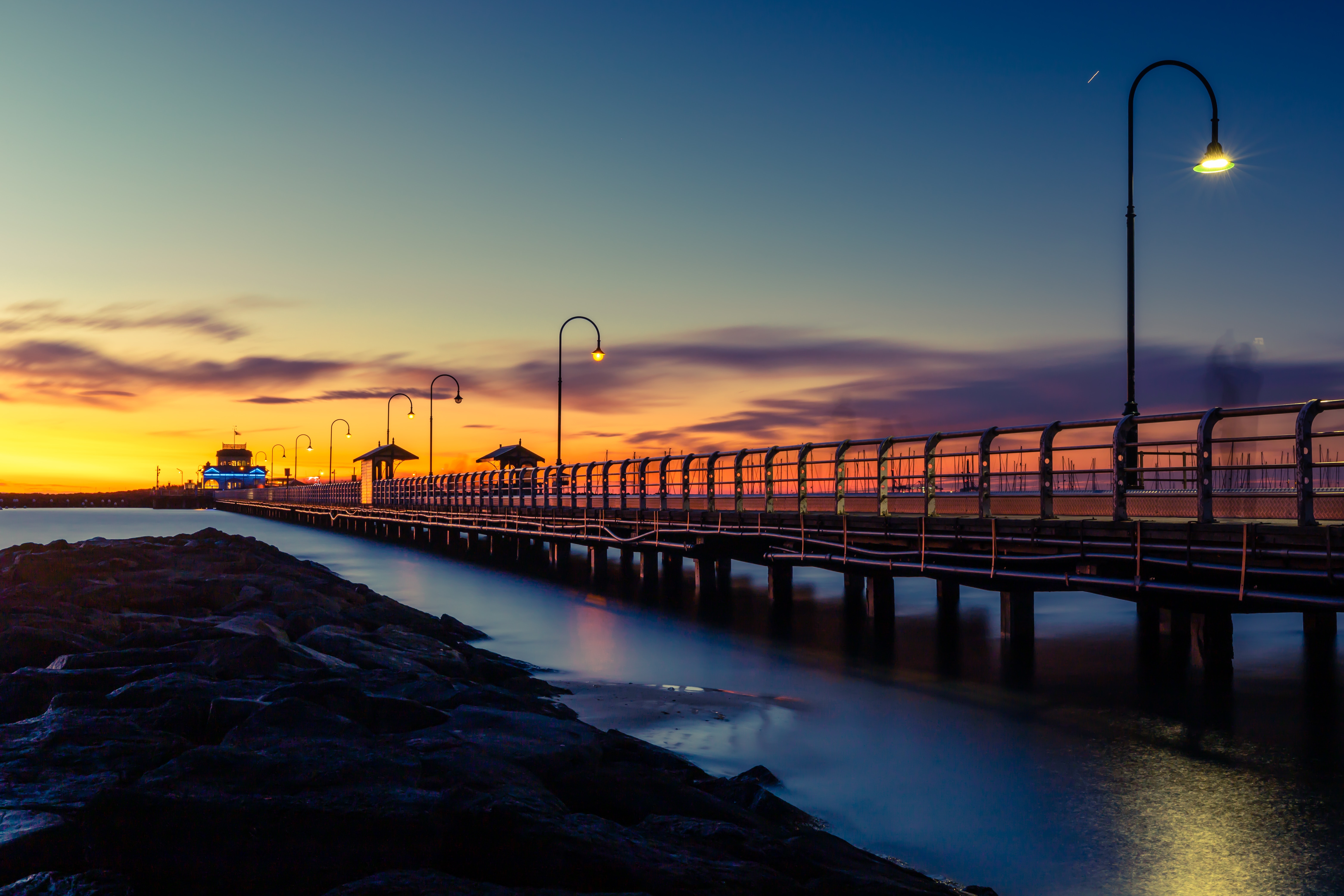 General 6240x4160 sea bridge dawn low light pier sky orange sky sunset glow sunset lights water