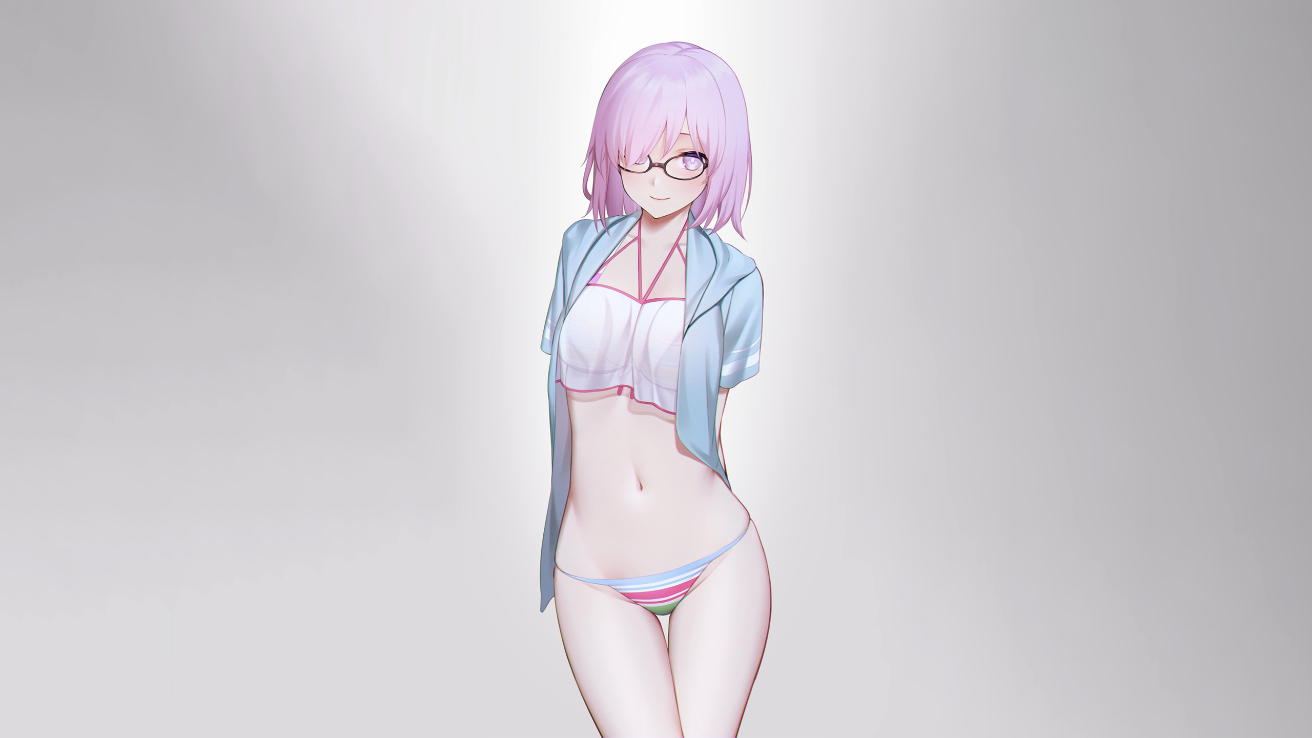 Anime 2560x1440 anime anime girls simple background ecchi Fate series Fate/Grand Order Mash Kyrielight glasses meganekko swimwear bikini thighs Kuen