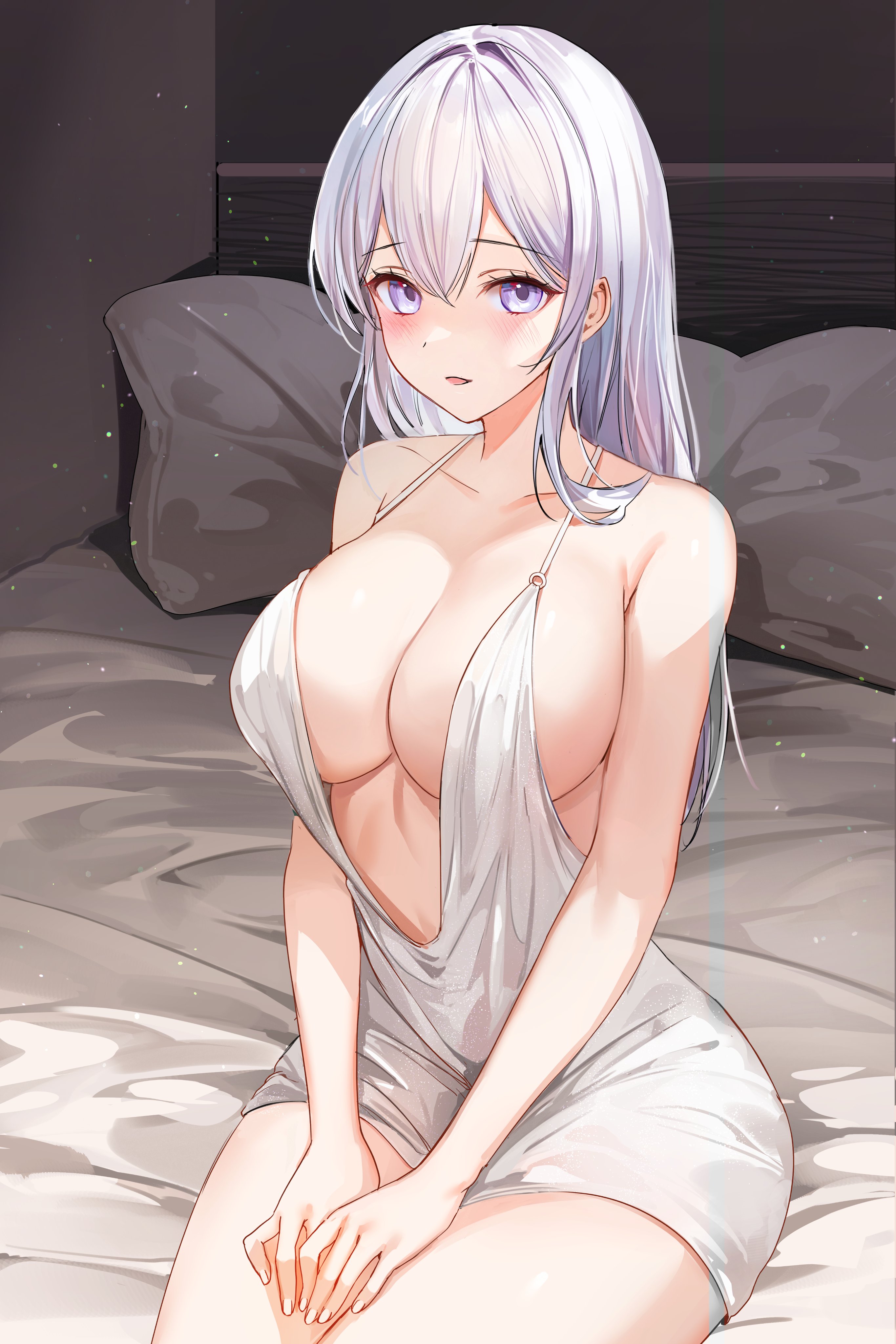 Anime 2731x4096 lillly anime girls white hair purple eyes boobs cleavage in bed white dress big boobs no bra