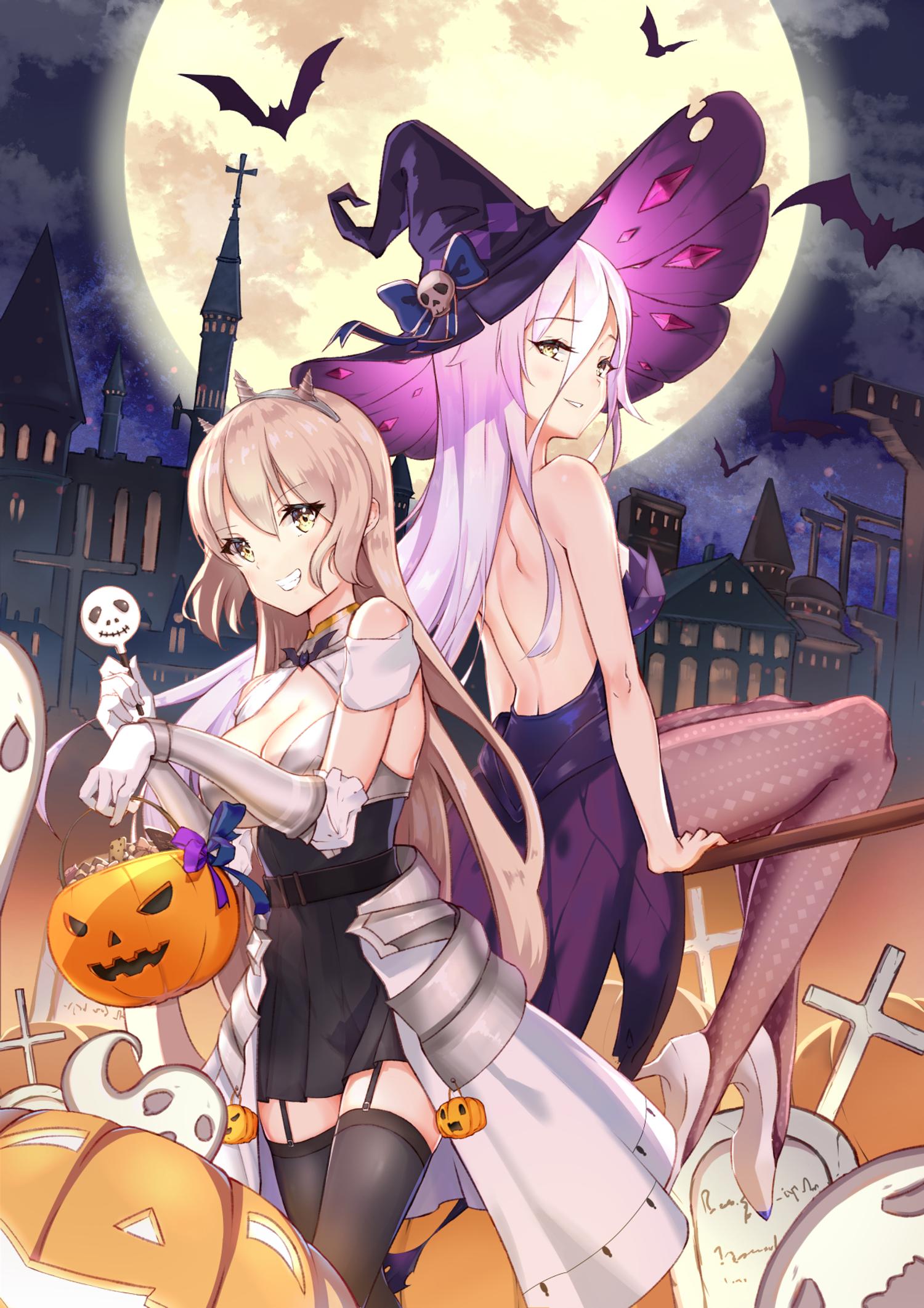 Anime 1500x2122 illusion connect witch hat Halloween bats back pumpkin white hair castle Moon anime girls Kyaroru artwork