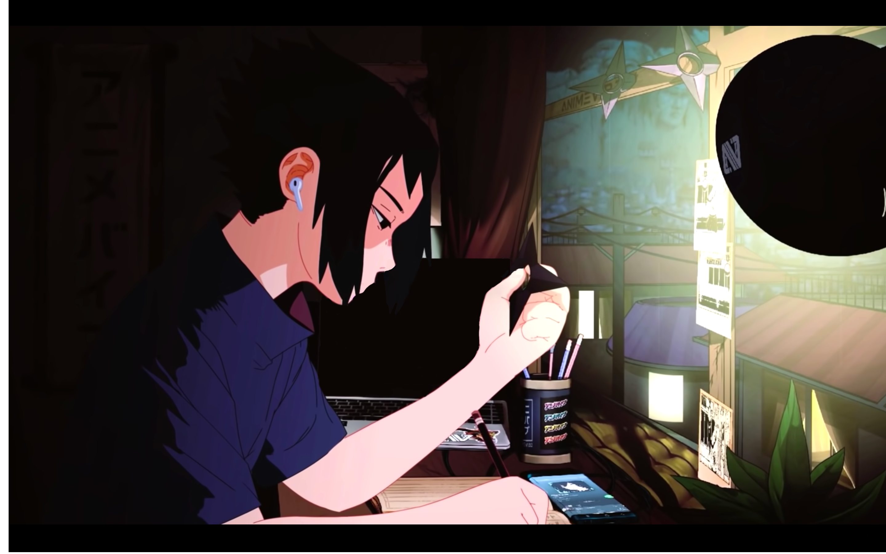 Anime 2880x1800 LoFi Chillhop Music studying Naruto (anime) Uchiha Sasuke airpods desk leaves lights anime boys sitting
