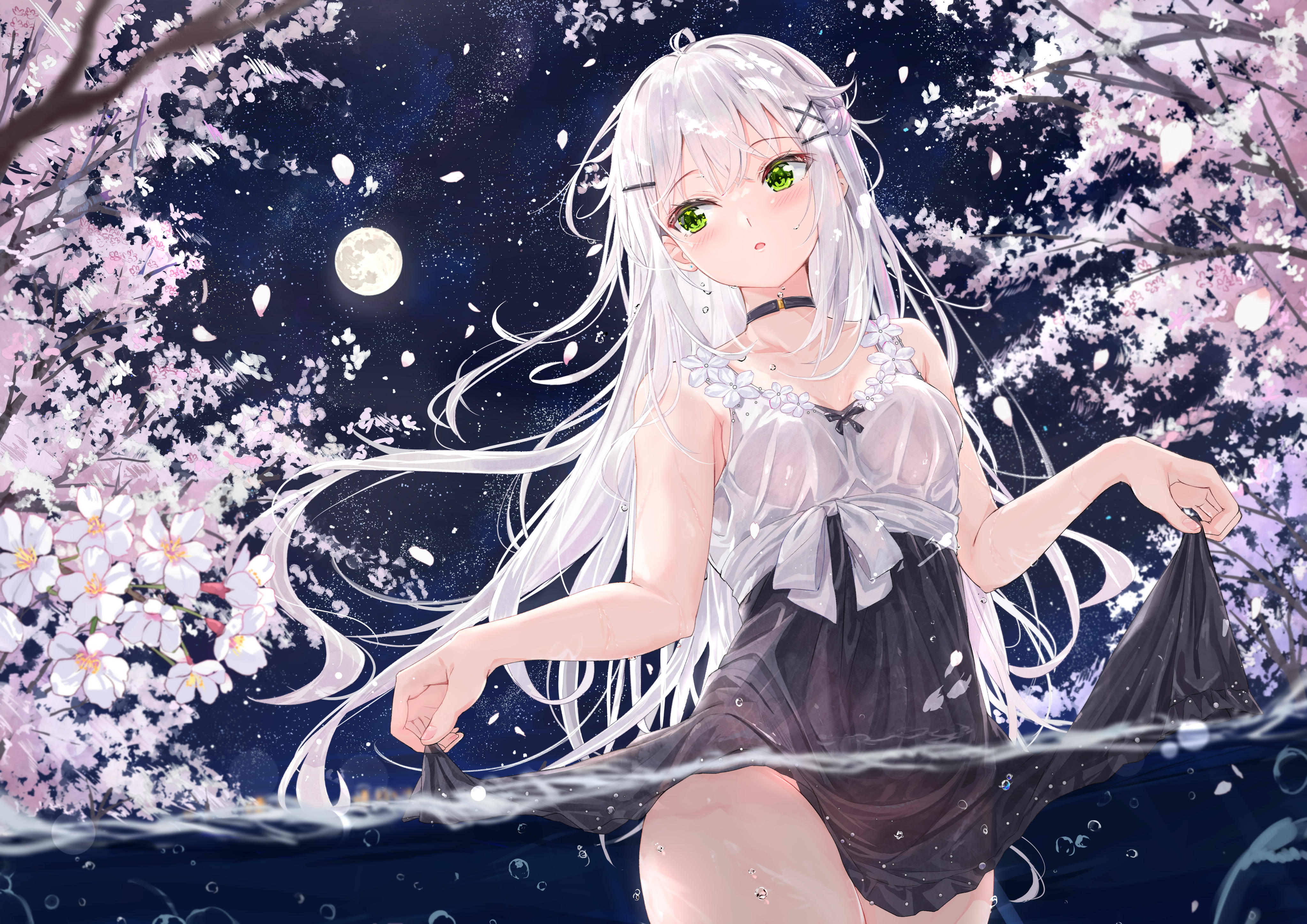 Anime 4093x2894 white hair green eyes anime anime girls Moon flowers cherry trees in water water cherry blossom dress wet artwork Na Kyo standing in water
