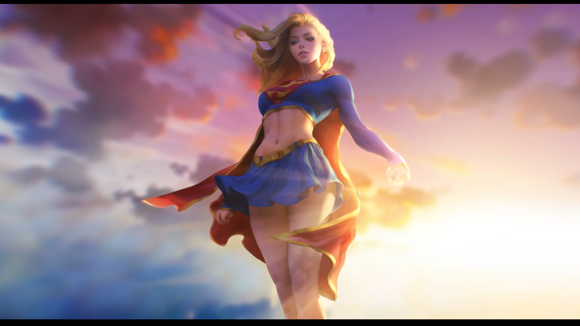 General 1920x1080 Supergirl DC Comics skirt blonde Artgerm blue skirt cape clouds