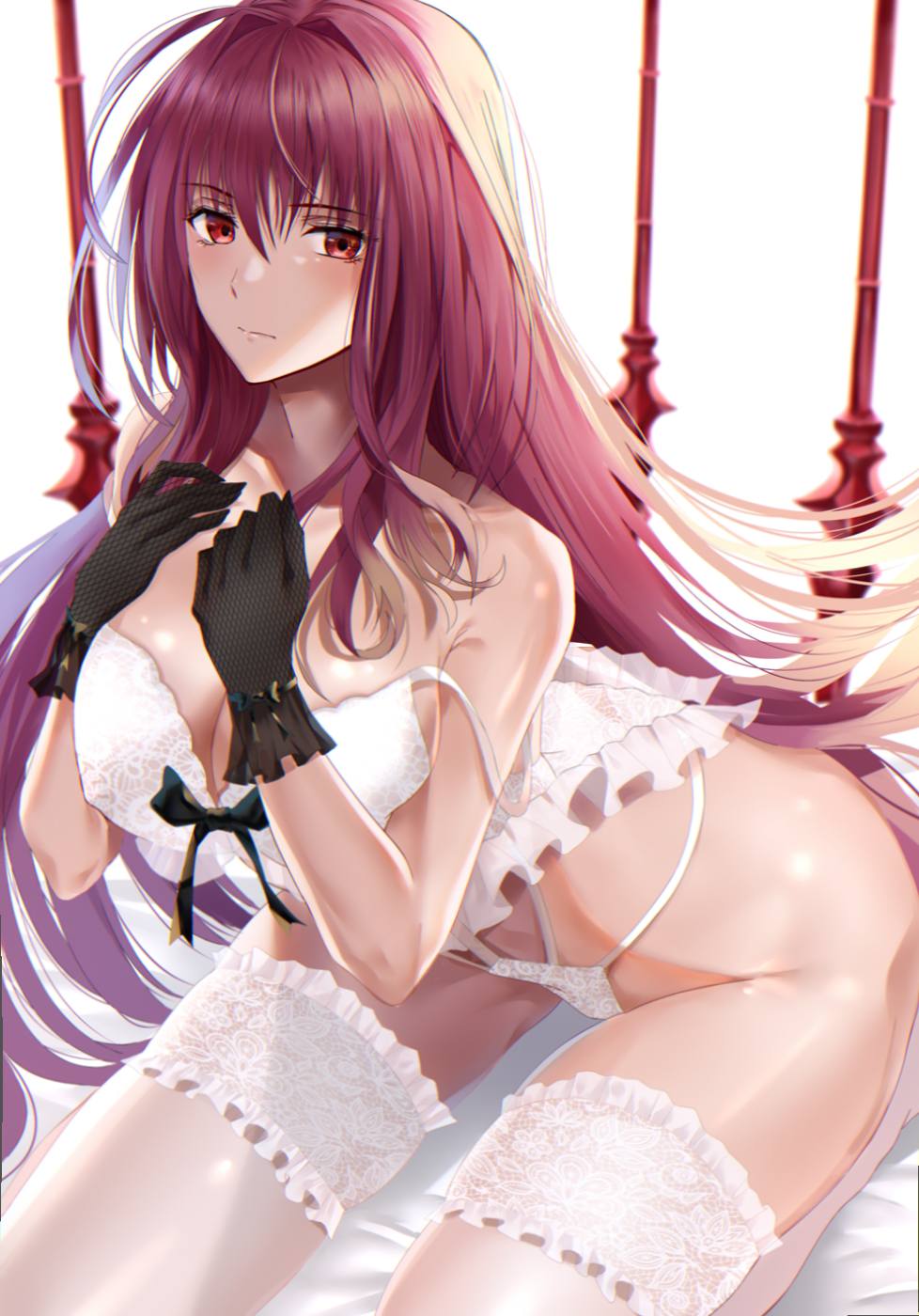 Anime 978x1400 Fate series Fate/Grand Order Scathach cleavage red eyes lace underwear purple hair gloves long hair big boobs huge breasts weapon sitting bangs thighs white legwear underwear sidelocks ribbon anime girls Nicky W bare shoulders spear curvy lingerie