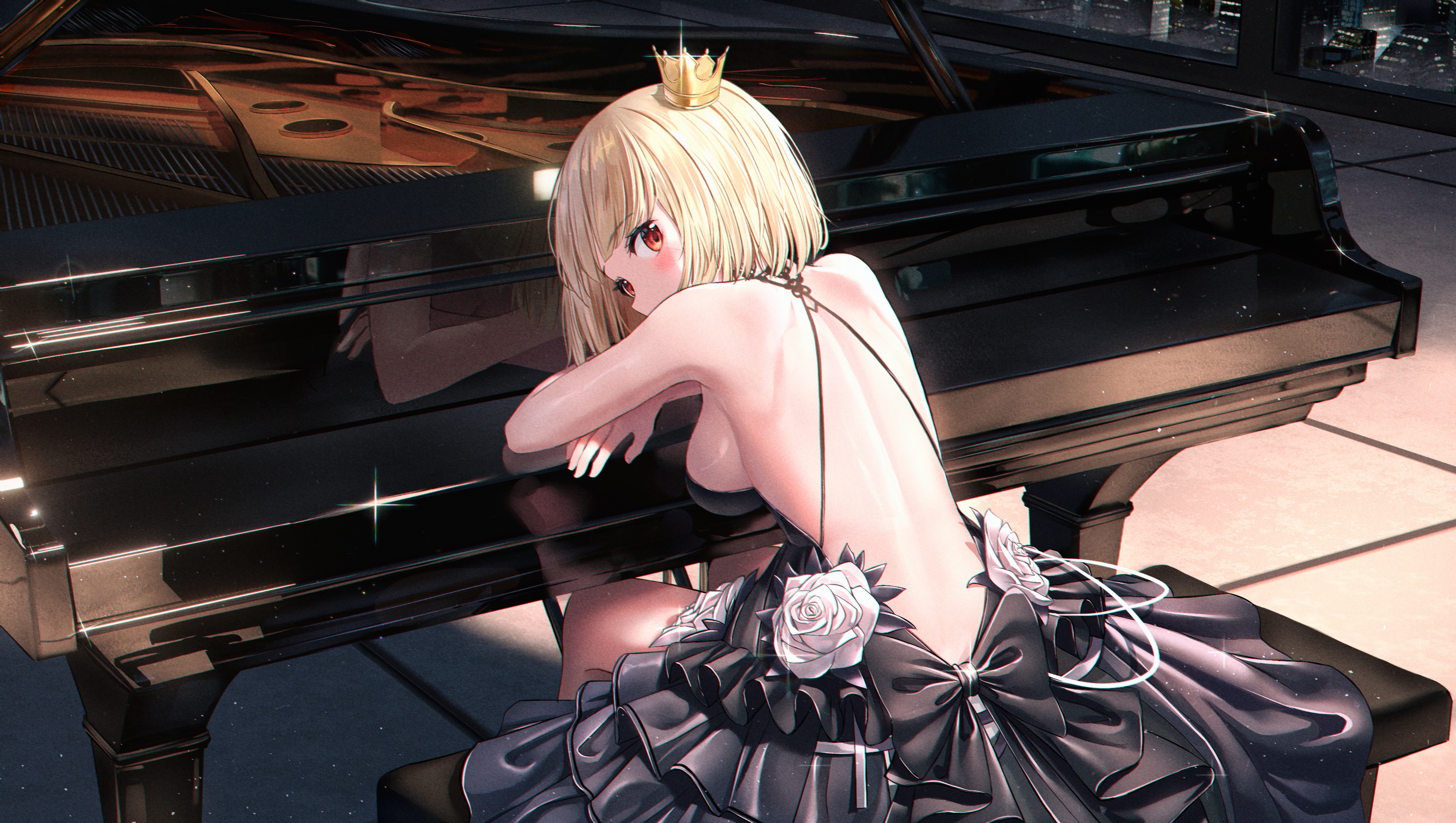 Anime 3387x1915 anime anime girls piano dress bareback sideboob short hair blonde red eyes artwork Nay musical instrument